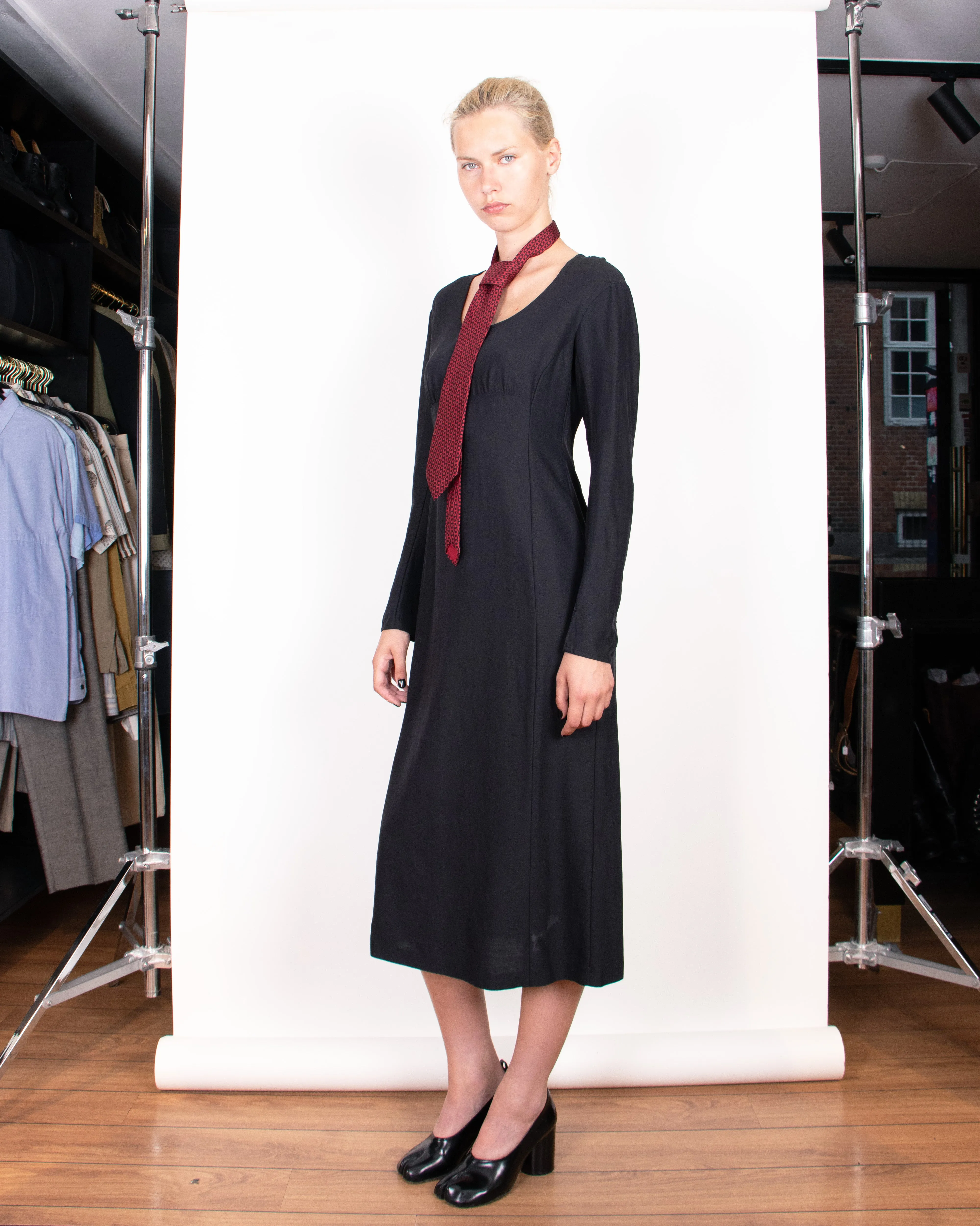 1990s Dries Van Noten Silk and Wool Black Midi Dress M