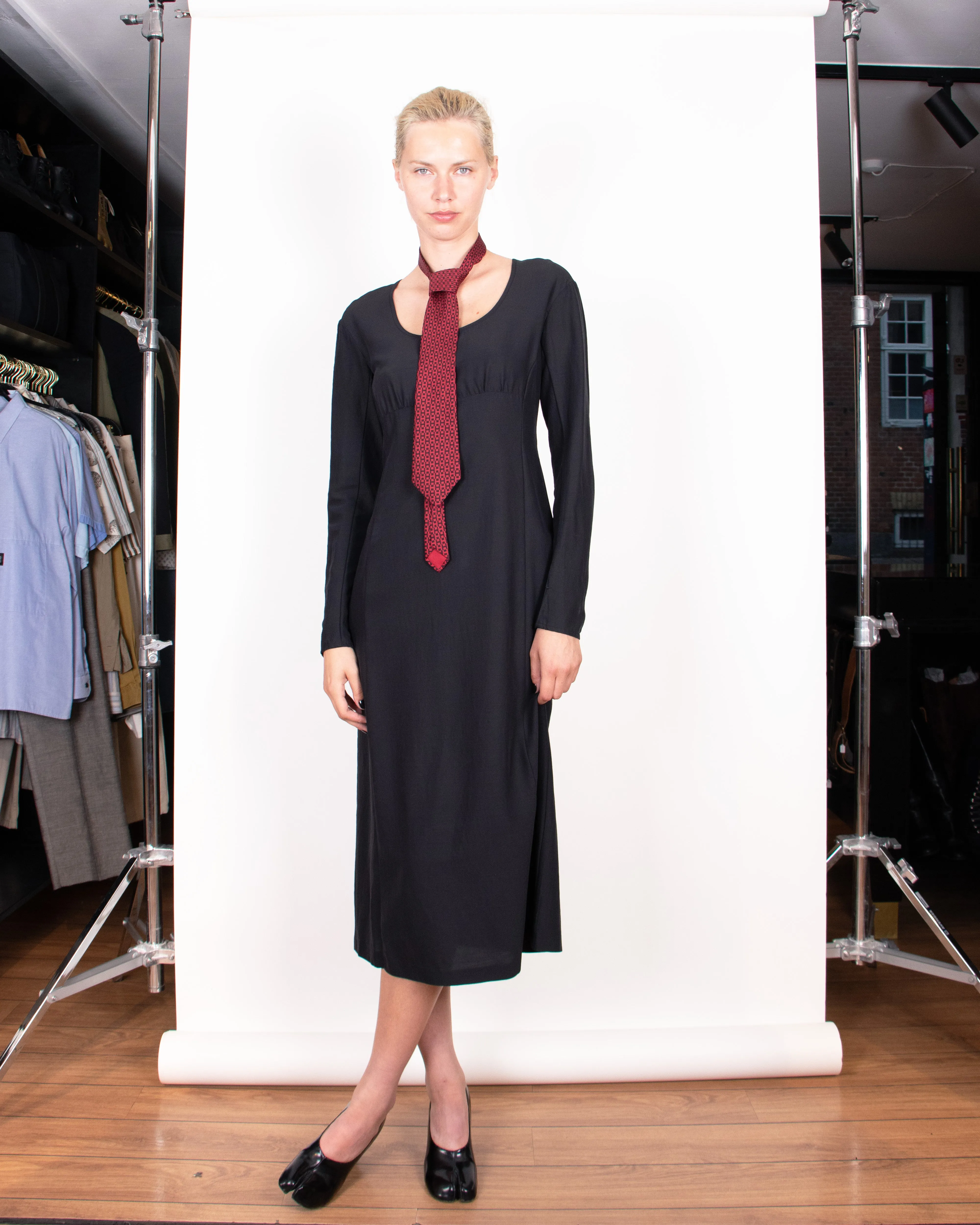 1990s Dries Van Noten Silk and Wool Black Midi Dress M