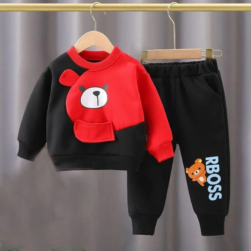 2 pcs boy fleece printed tracksuit