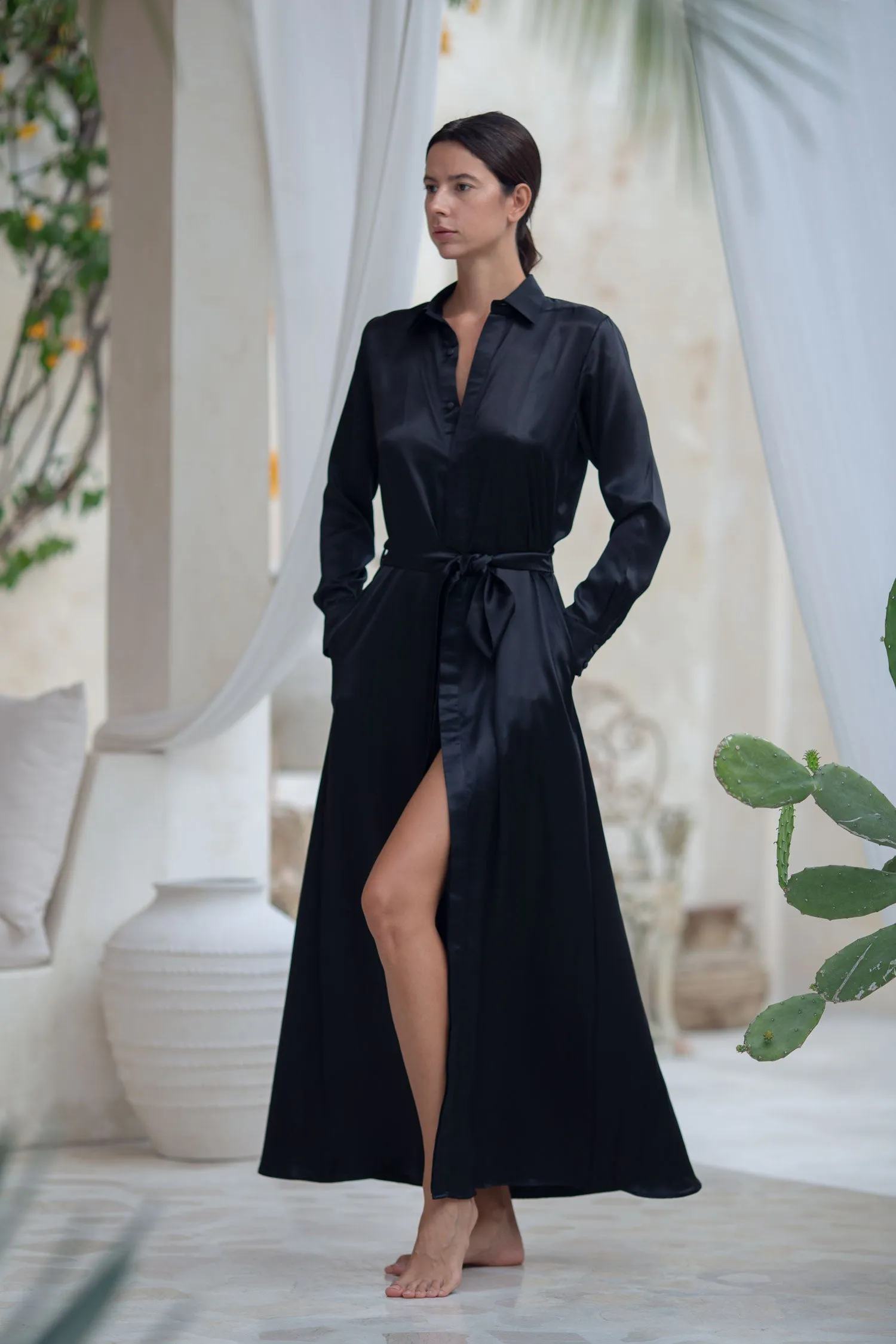 Anais Long Sleeve Silk Shirt Dress, Black