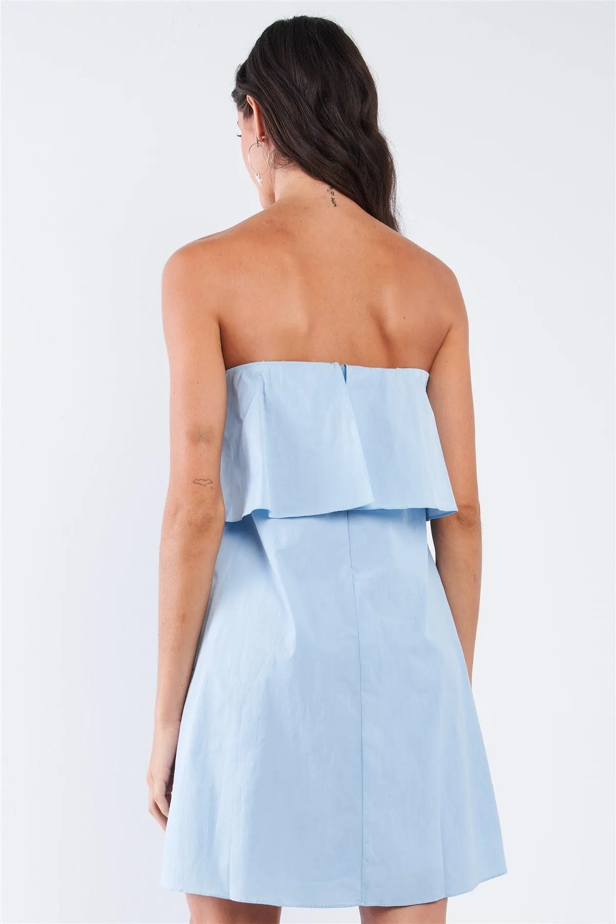 Baby Blue Sleeveless Relaxed Fit Tube Ruffle Chest Hem Mini Dress /1-2-2-1