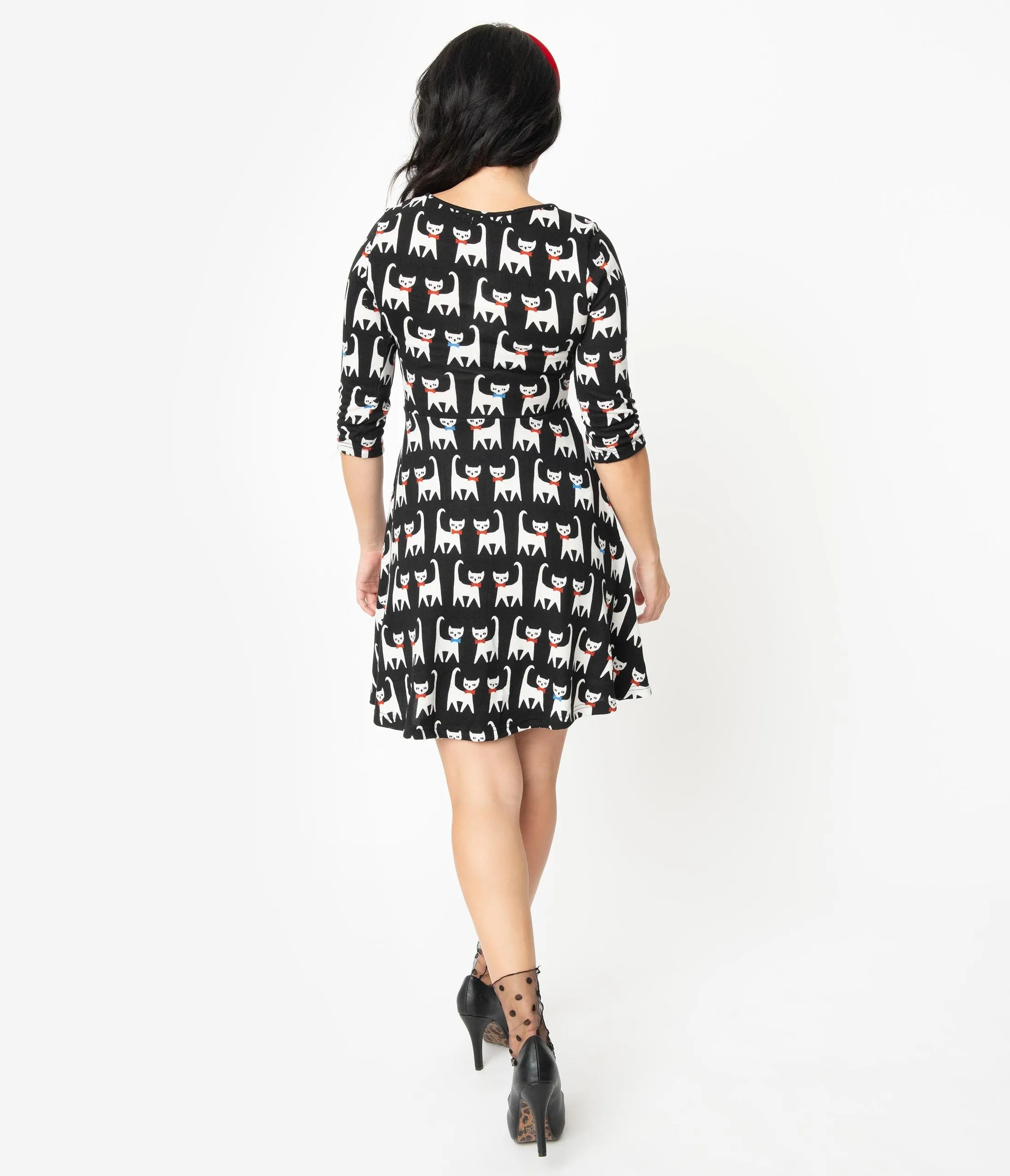 Black & White Cat Print Knit Fit & Flare Sweater Dress