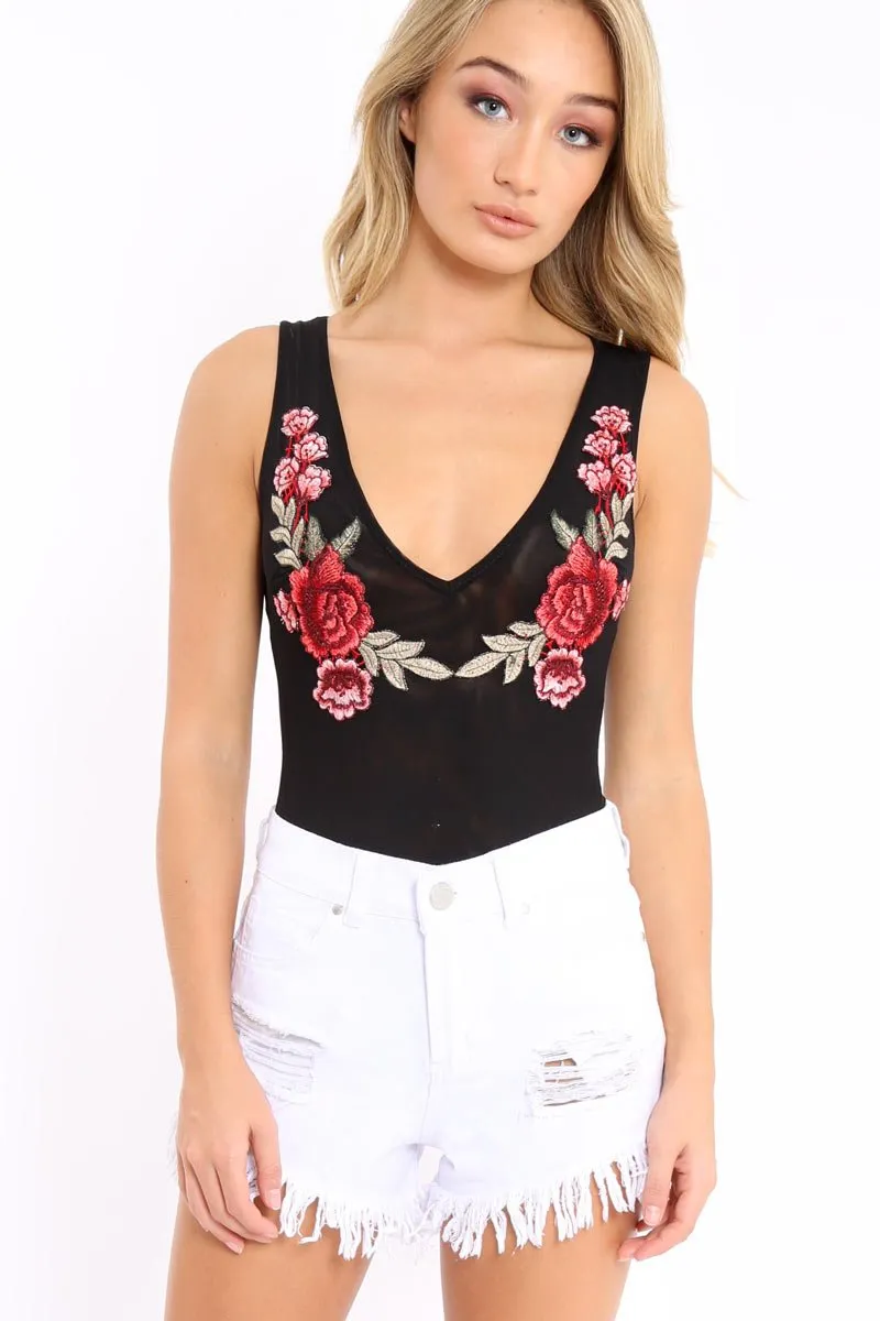 Black Mesh Floral Embroidered Plunge Bodysuit - Elenore