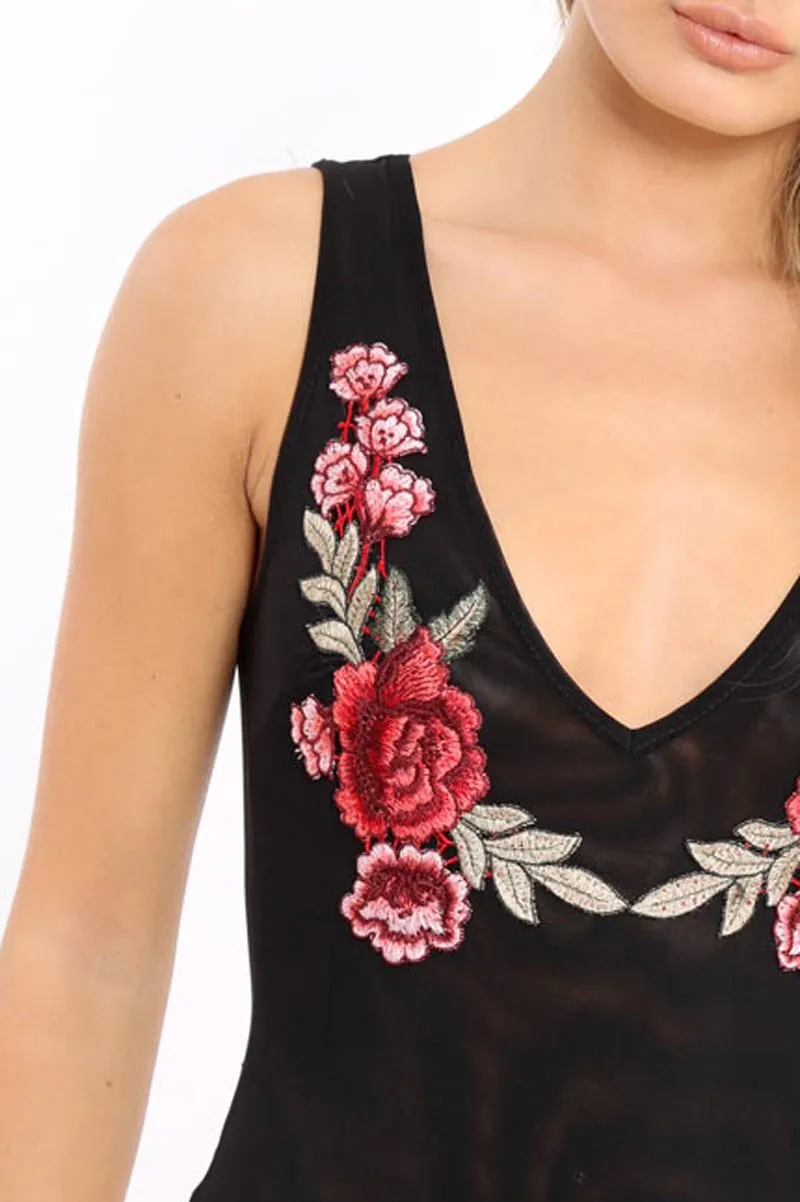 Black Mesh Floral Embroidered Plunge Bodysuit - Elenore