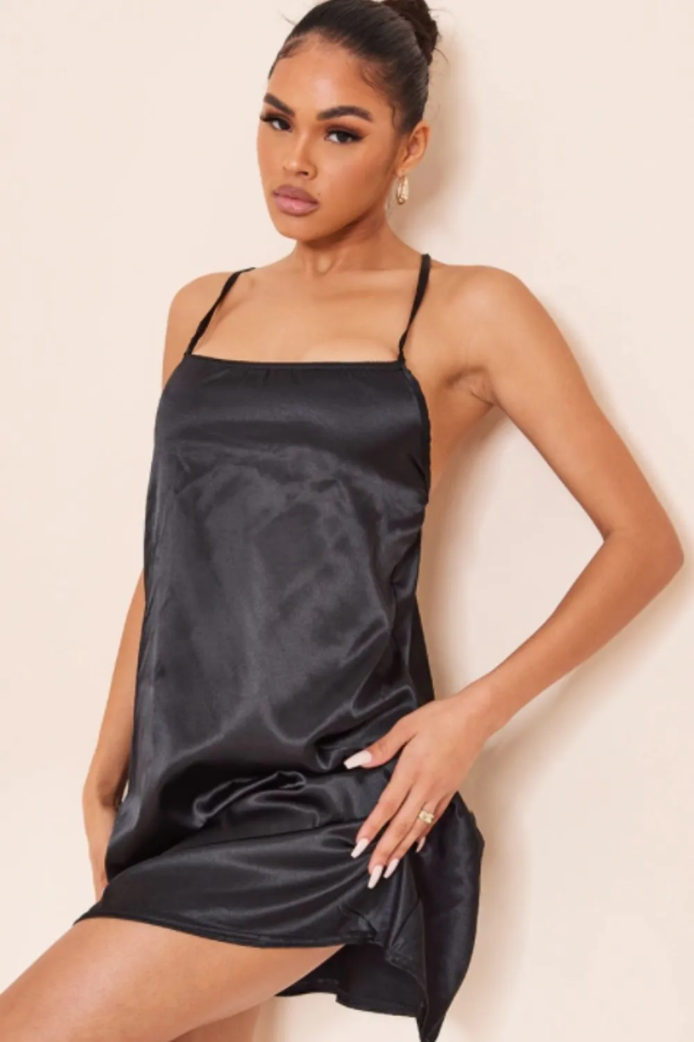 Black Satin Mini Sleeveless Dress