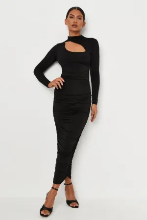 Black slinky high neck cut out midaxi dress