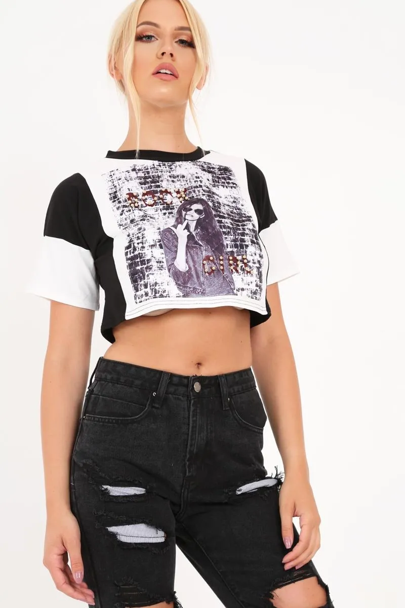 Black White Colour Block Rock Girl Slogan Tee - Damonie