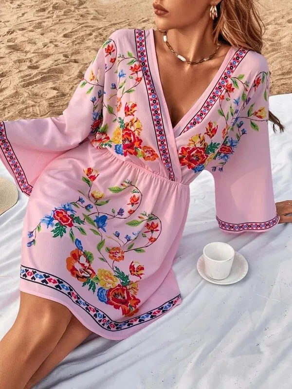 Bohemian Vintage Ethnic Style Heavy Industry Printing Temperament Slim Waist Short Holiday Dress