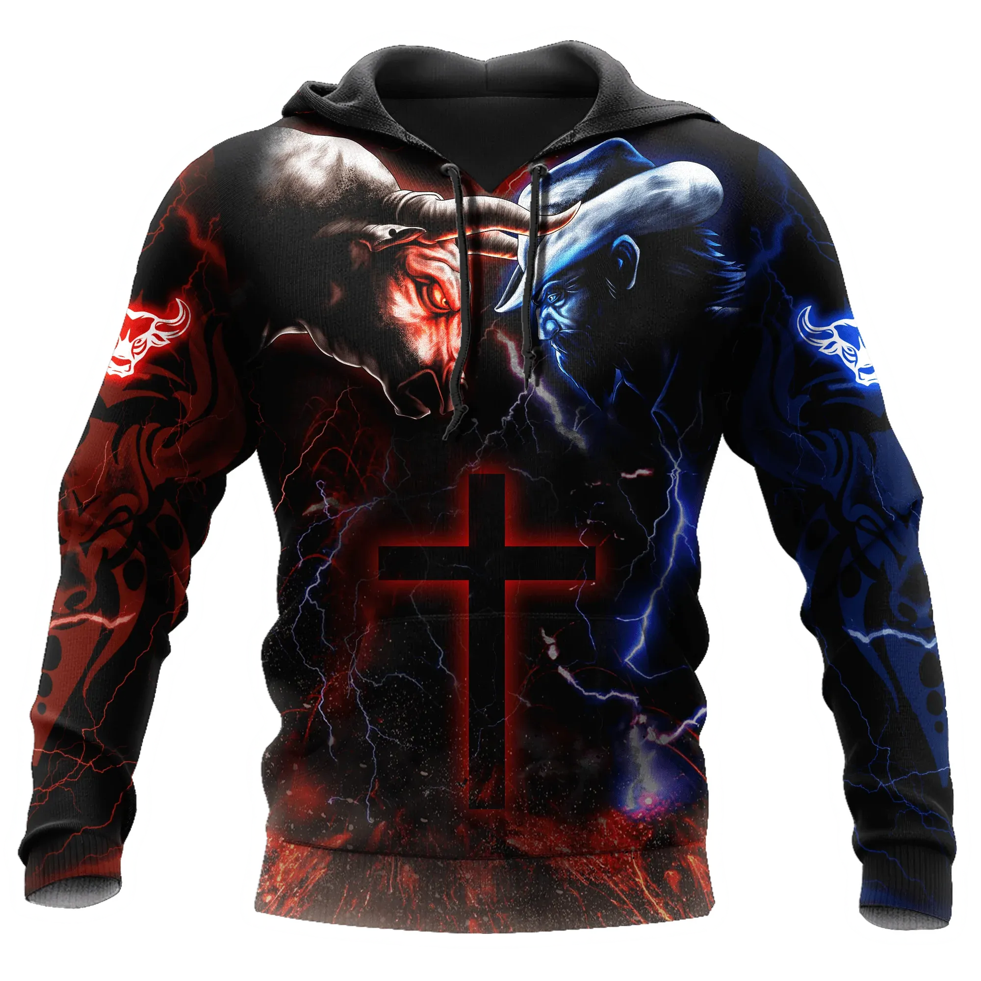 Bull Riding Red Blue Fight Cross 3D Full Print Hoodie