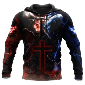 Bull Riding Red Blue Fight Cross 3D Full Print Hoodie