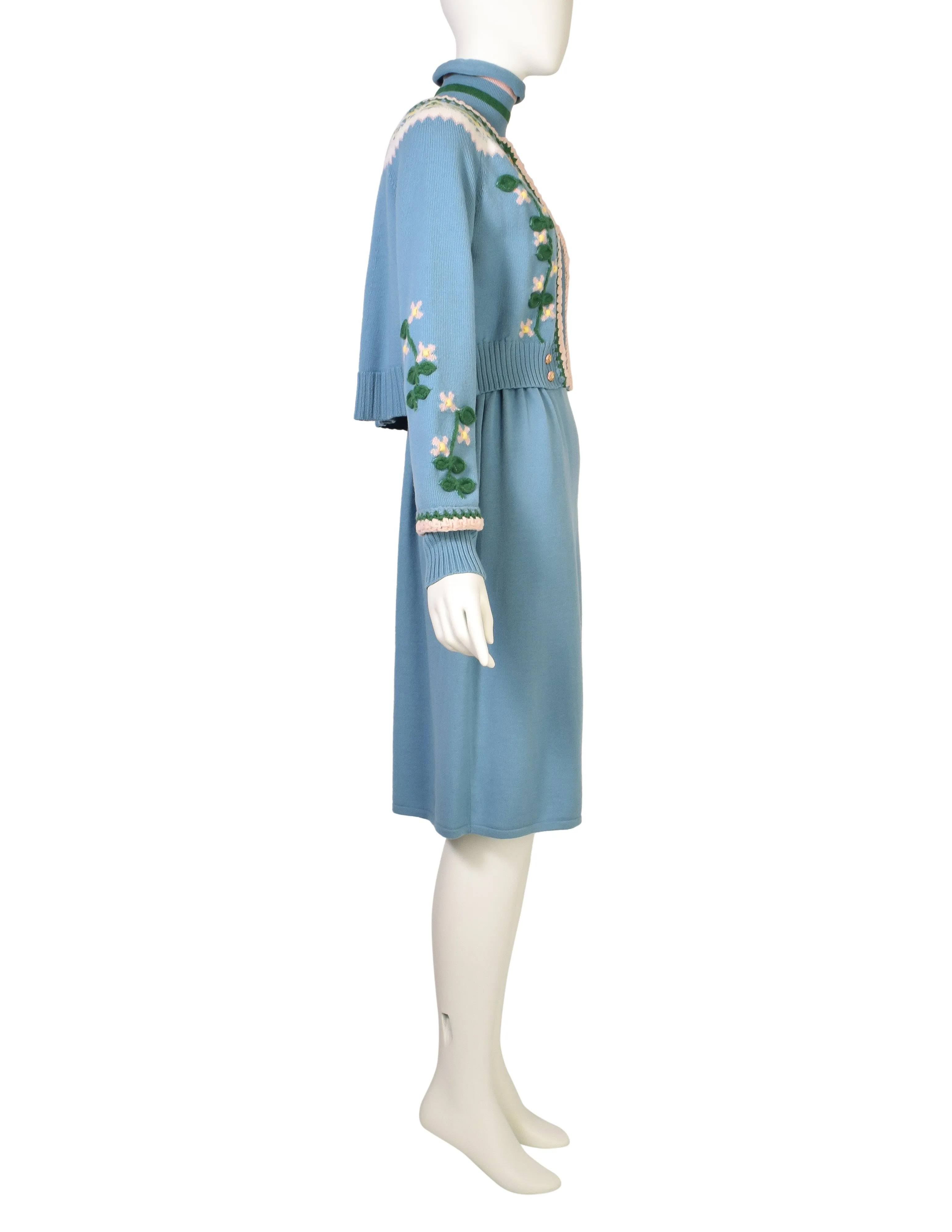 Chanel PF 2015 Runway Baby Blue Floral Knit Wool Cardigan Sweater Dress