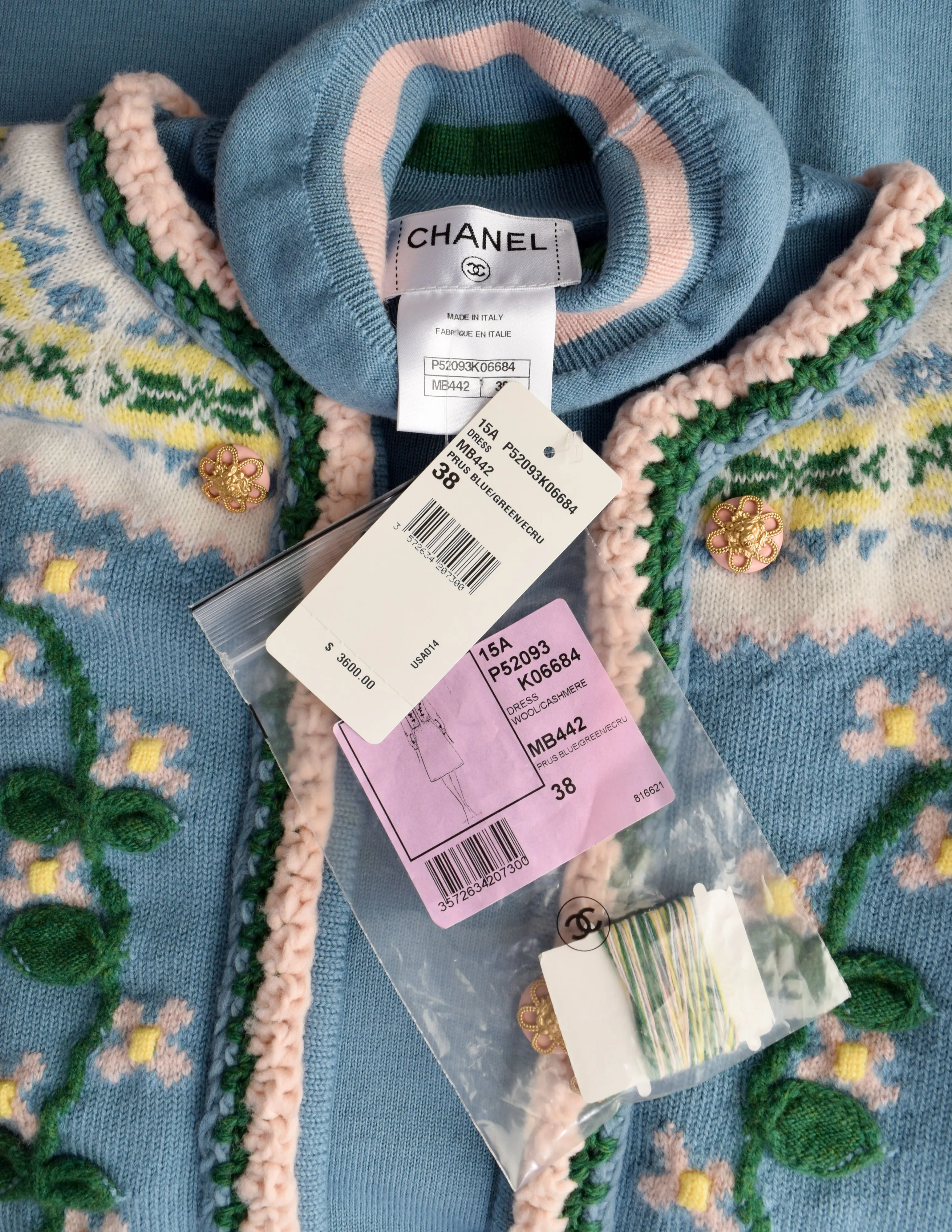 Chanel PF 2015 Runway Baby Blue Floral Knit Wool Cardigan Sweater Dress