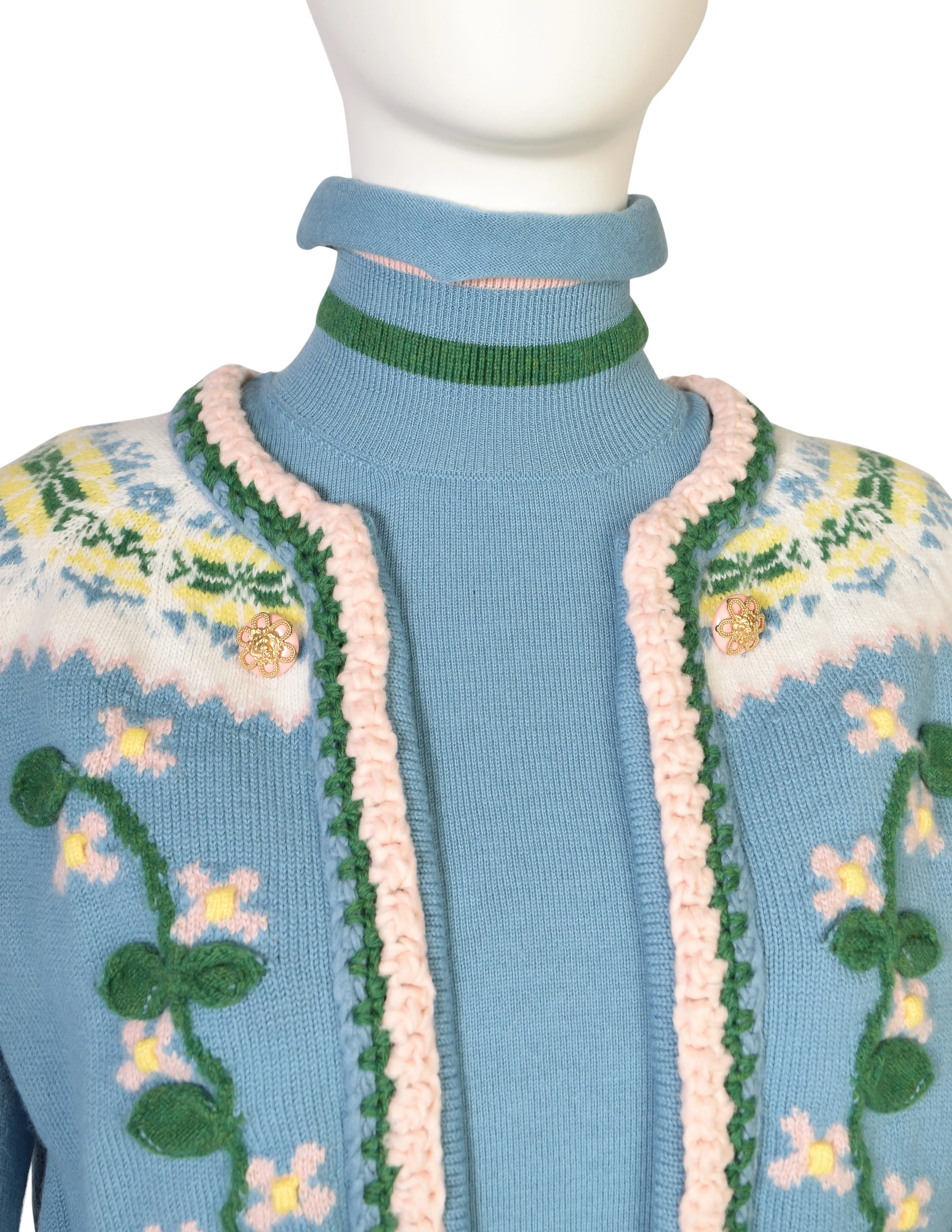 Chanel PF 2015 Runway Baby Blue Floral Knit Wool Cardigan Sweater Dress