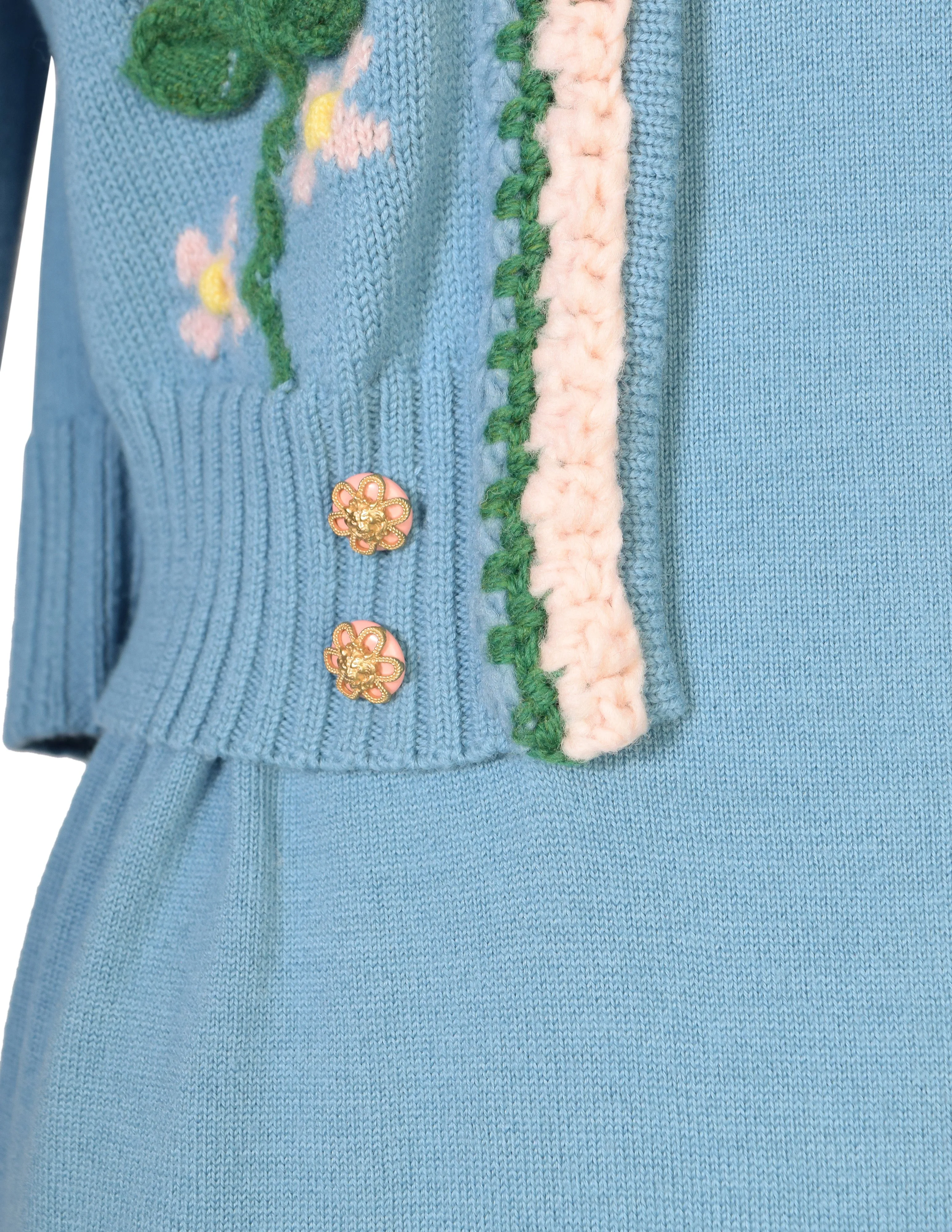 Chanel PF 2015 Runway Baby Blue Floral Knit Wool Cardigan Sweater Dress