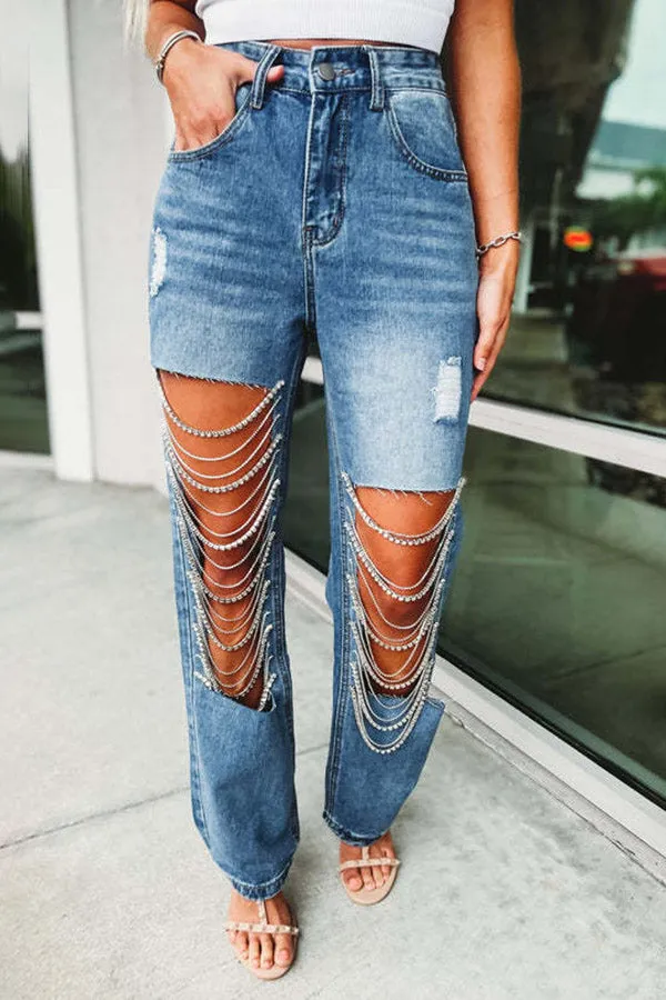 Chic Ripped Fringe Trim Jeans