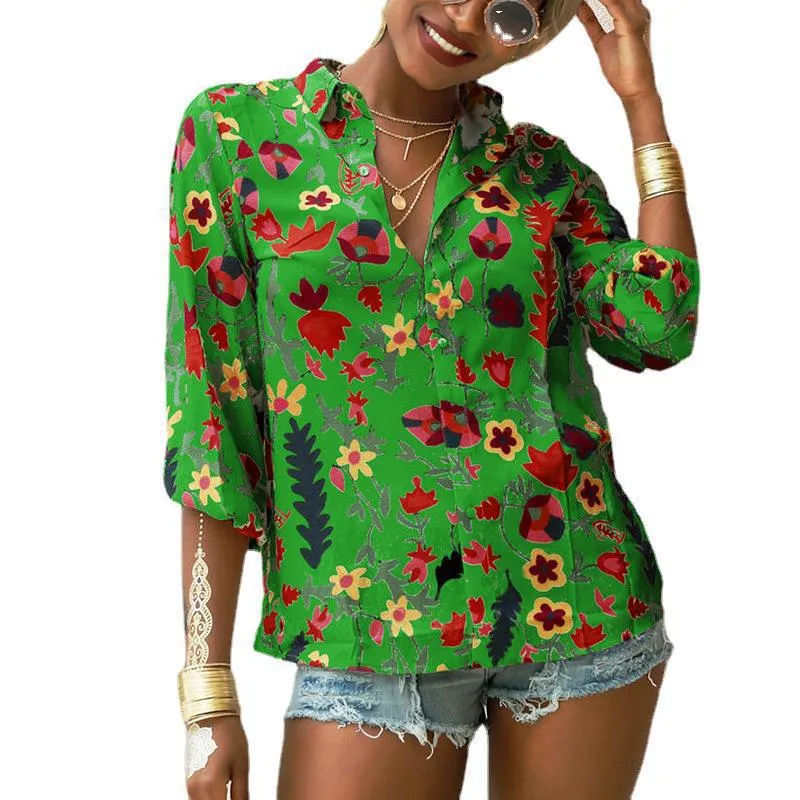 Chiffon blouse floral long-sleeved button shirt women