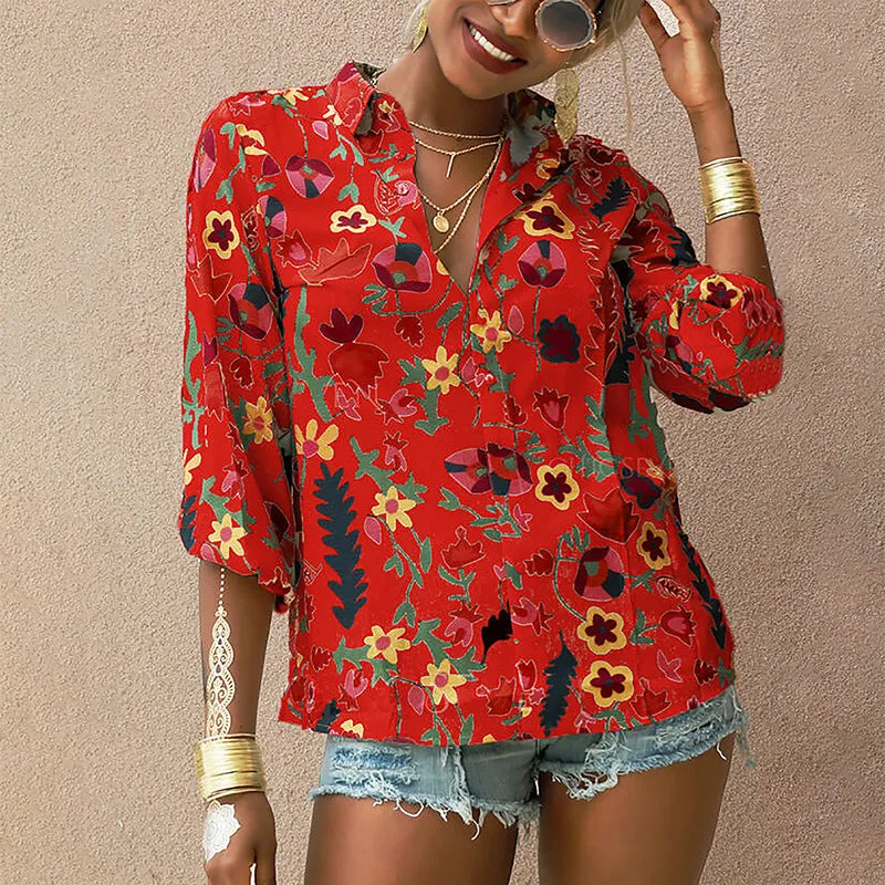 Chiffon blouse floral long-sleeved button shirt women