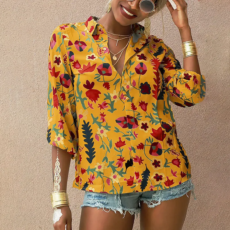 Chiffon blouse floral long-sleeved button shirt women