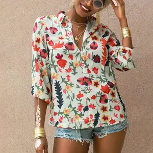 Chiffon blouse floral long-sleeved button shirt women