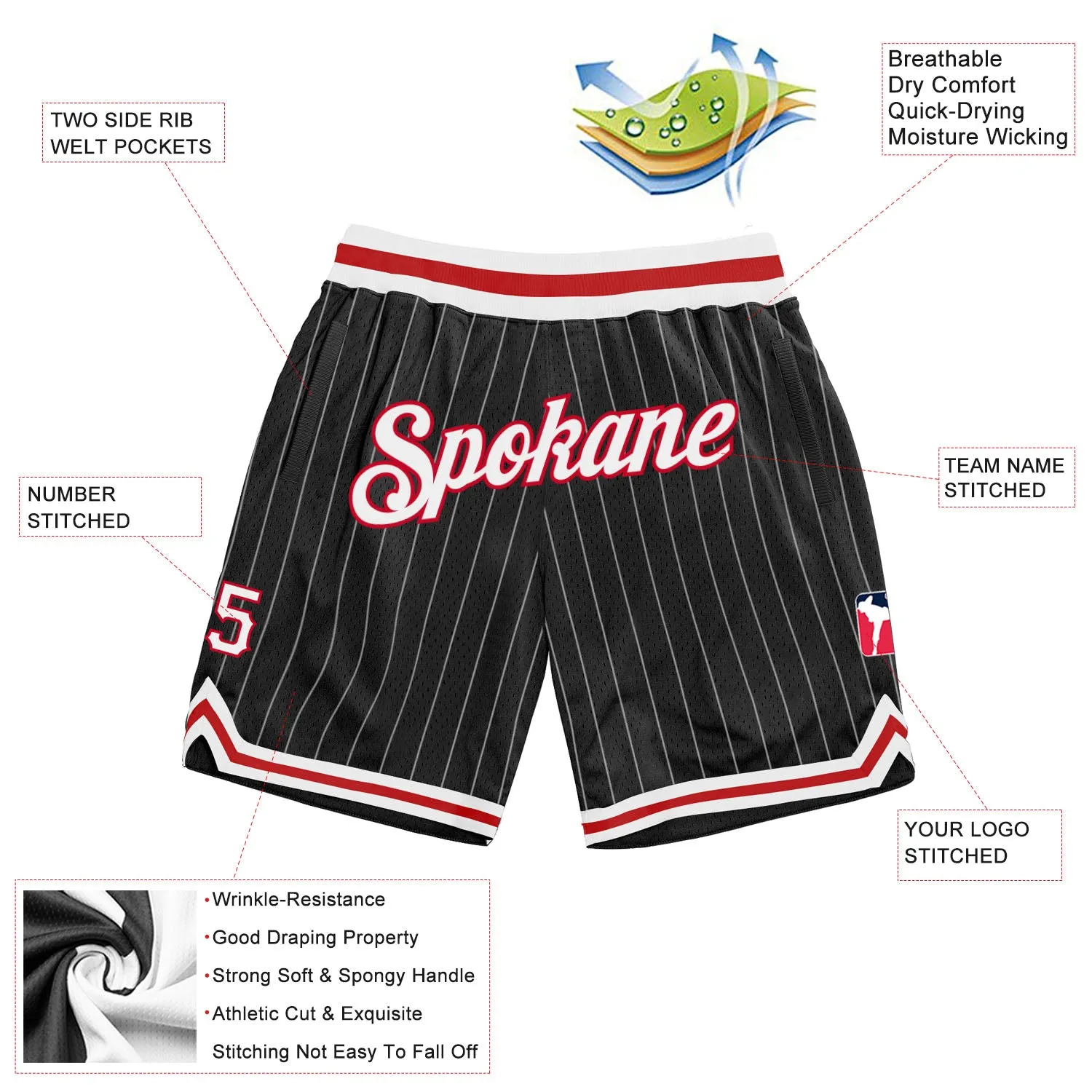 Custom Black White Pinstripe White-Red Authentic Basketball Shorts