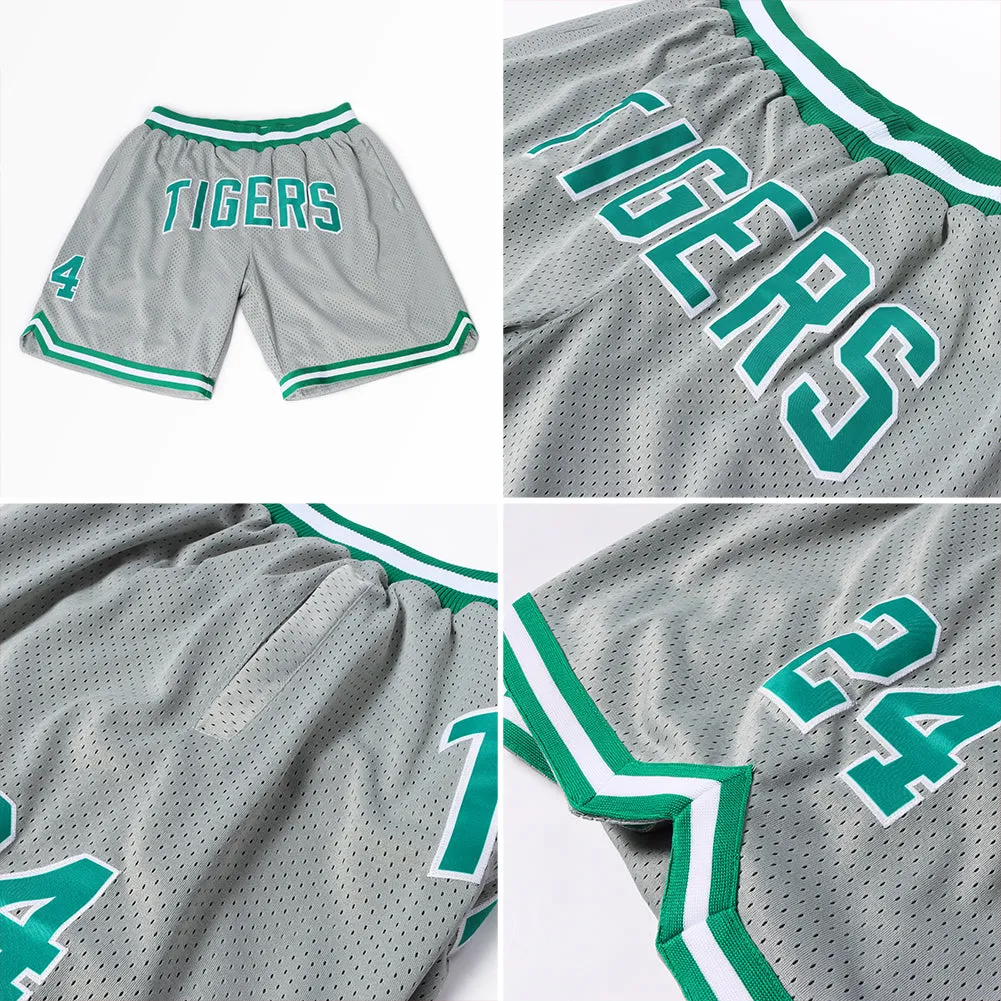 Custom Gray Kelly Green-White Authentic Throwback Basketball Shorts