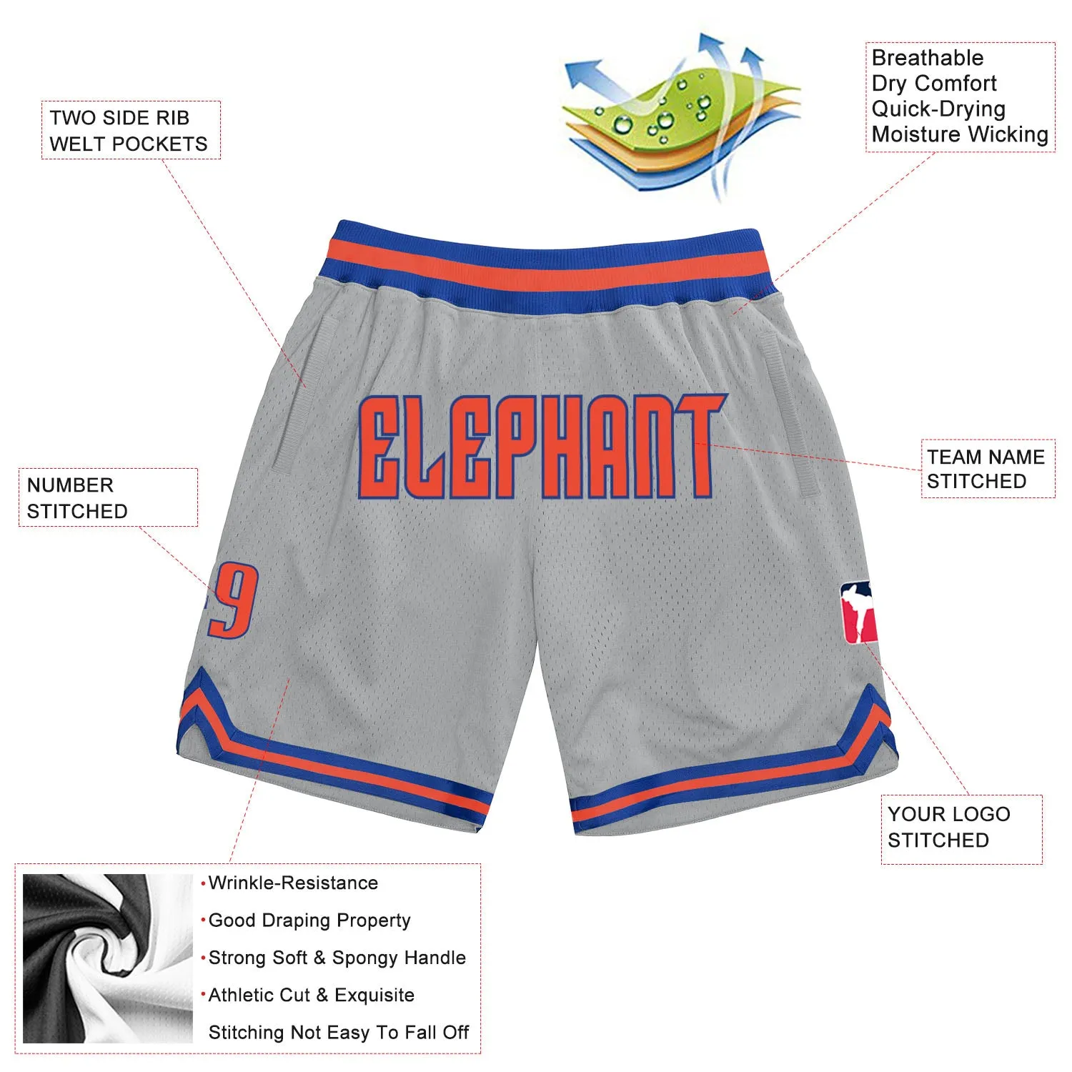 Custom Gray Orange-Royal Authentic Throwback Basketball Shorts