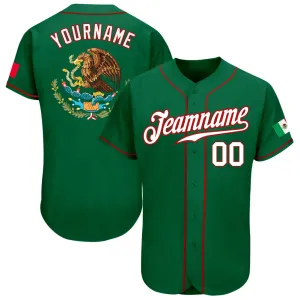 Custom Kelly Green White-Red Authentic Mexican Flag Fashion Baseball Jersey