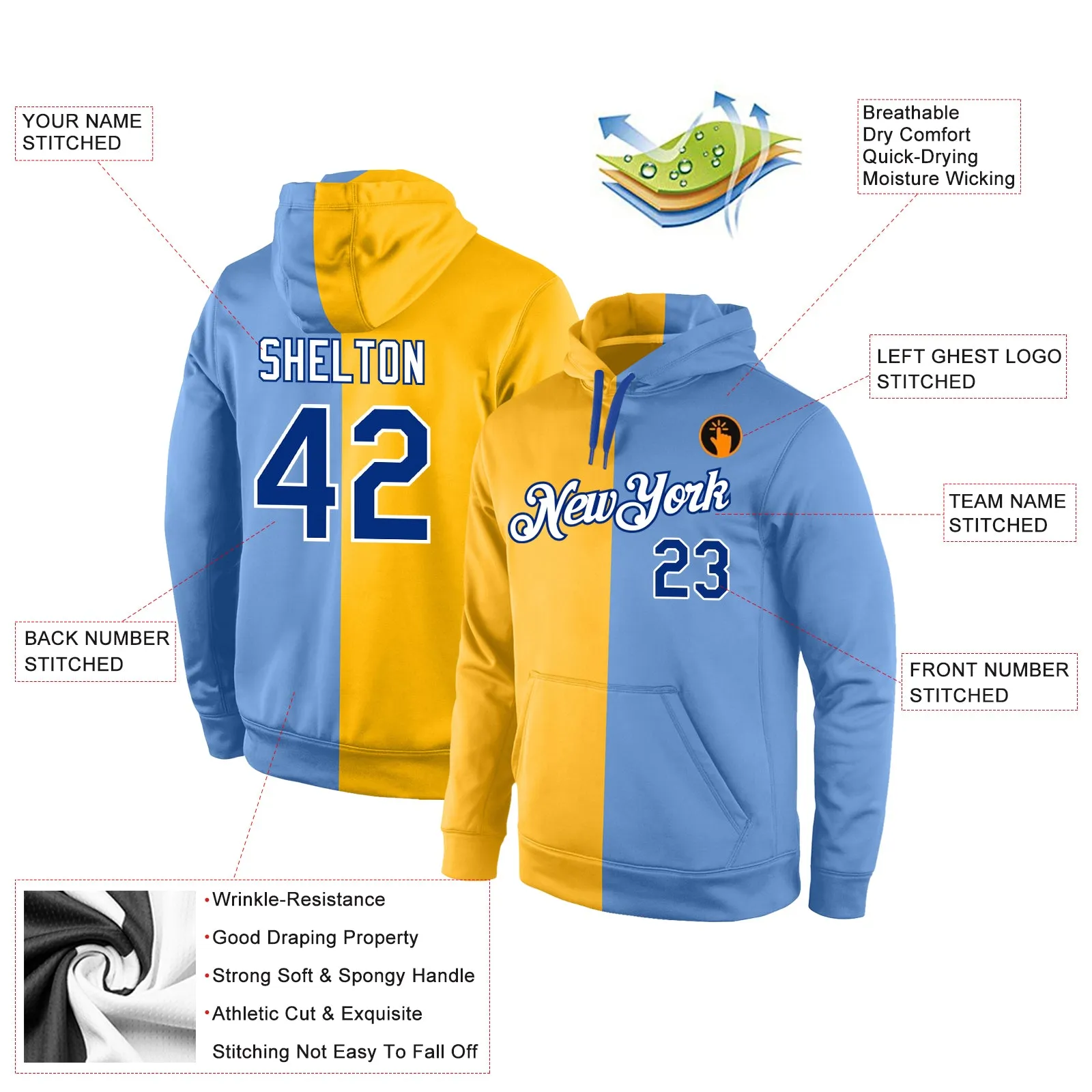 Custom Stitched Gold Royal-Light Blue Split Fashion Sports Pullover Sweatshirt Hoodie