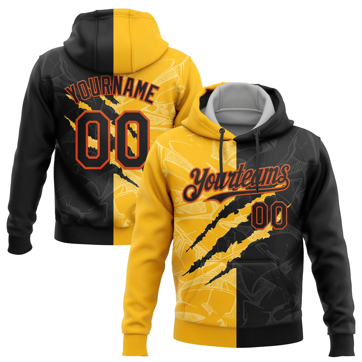 Custom Stitched Graffiti Pattern Black Gold-Orange 3D Scratch Sports Pullover Sweatshirt Hoodie