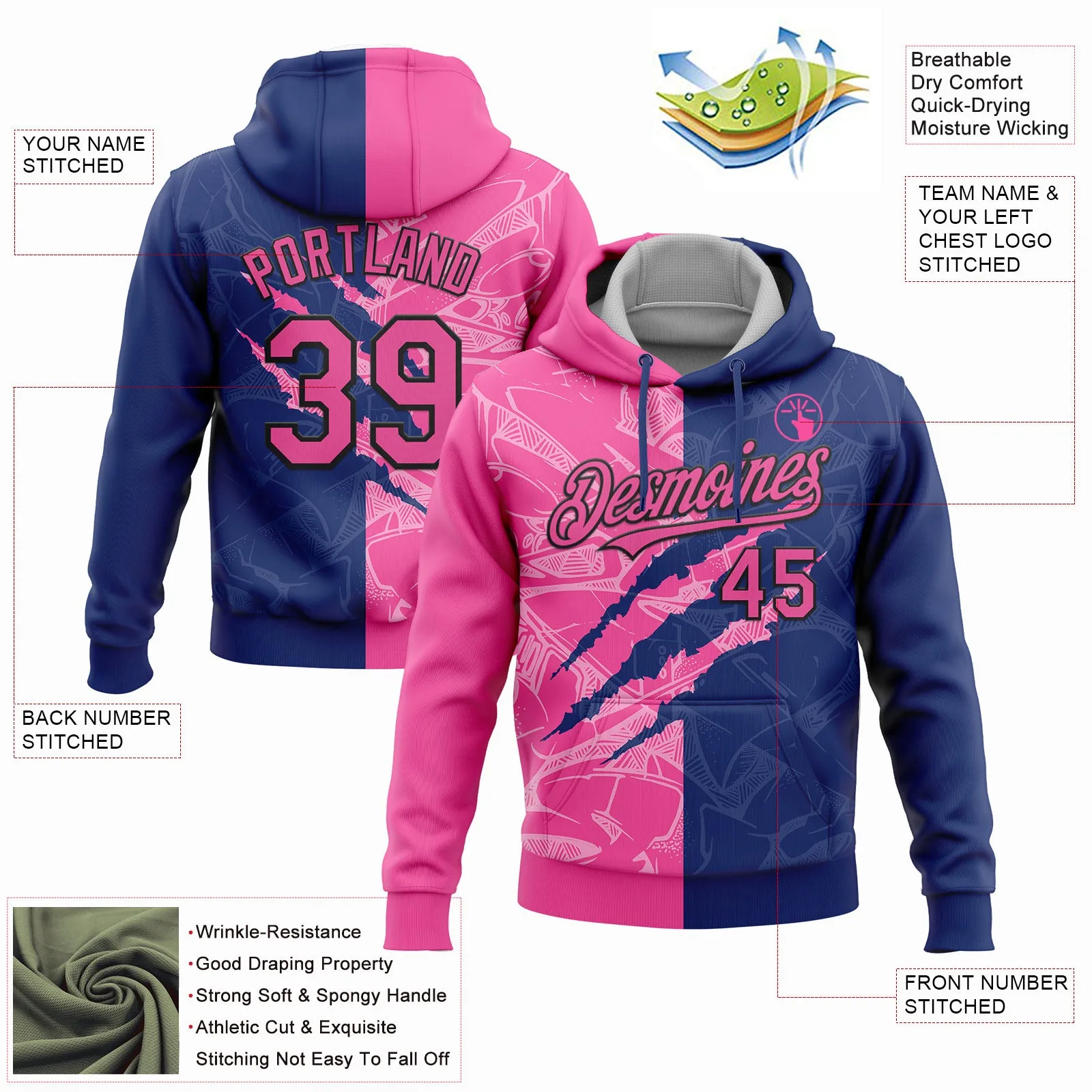 Custom Stitched Graffiti Pattern Pink Royal-Black 3D Scratch Sports Pullover Sweatshirt Hoodie