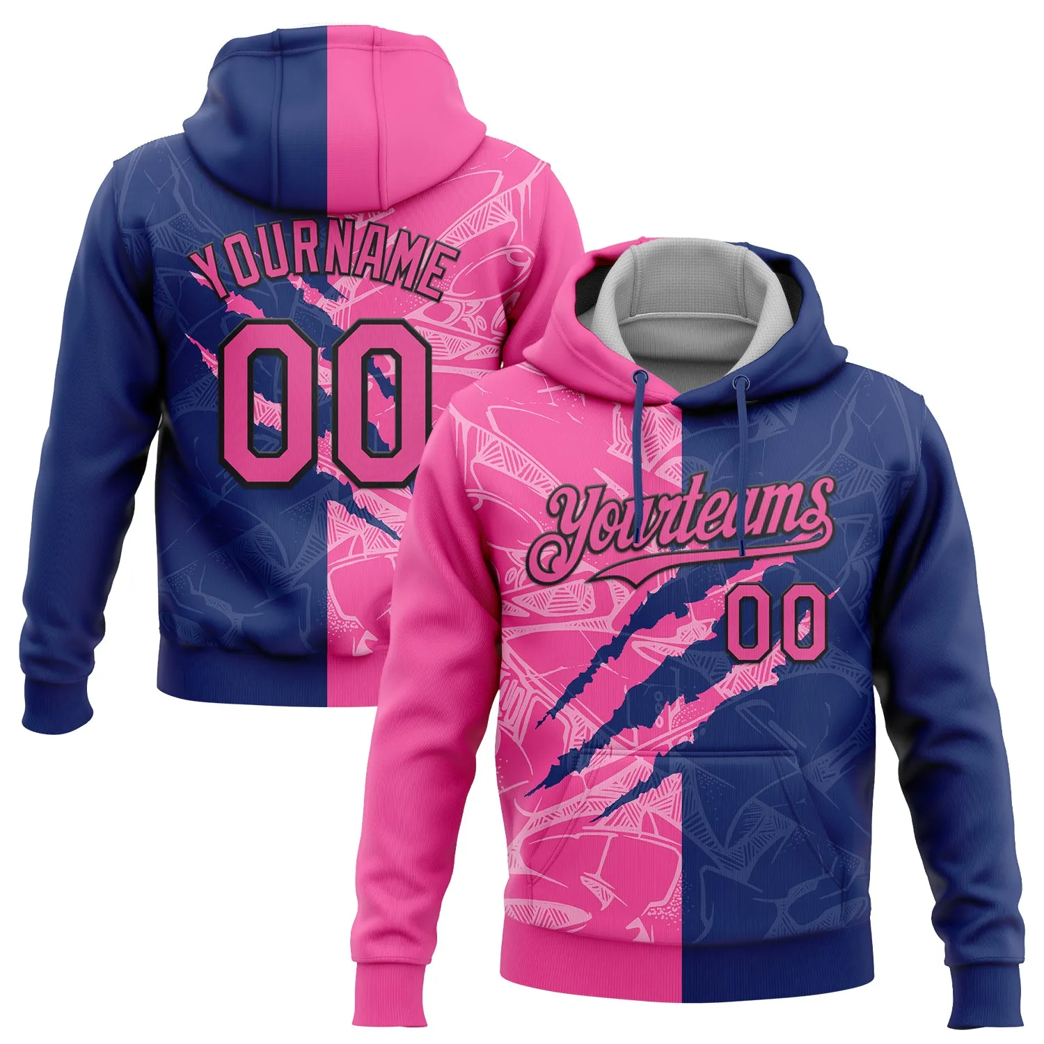 Custom Stitched Graffiti Pattern Pink Royal-Black 3D Scratch Sports Pullover Sweatshirt Hoodie