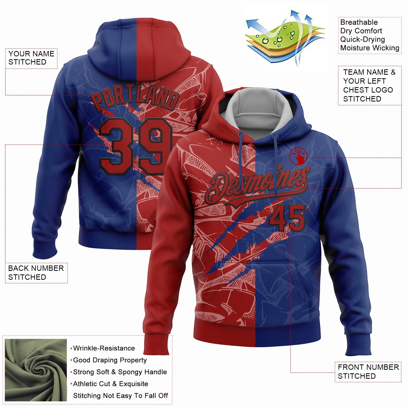 Custom Stitched Graffiti Pattern Red Royal-Black 3D Scratch Sports Pullover Sweatshirt Hoodie