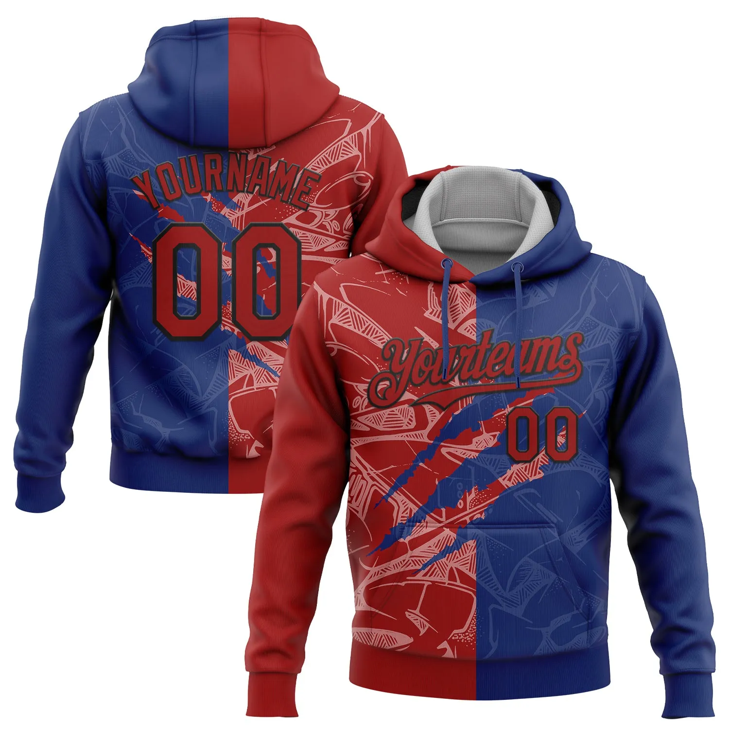 Custom Stitched Graffiti Pattern Red Royal-Black 3D Scratch Sports Pullover Sweatshirt Hoodie