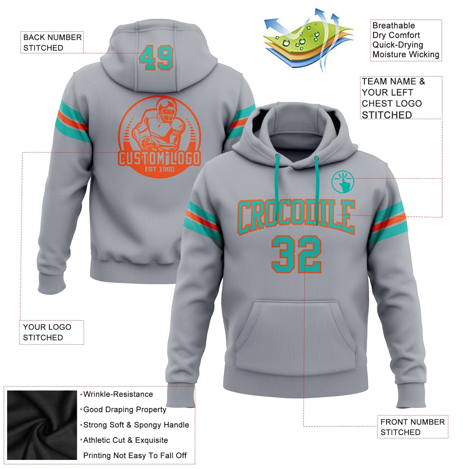 Custom Stitched Gray Aqua-Orange Football Pullover Sweatshirt Hoodie