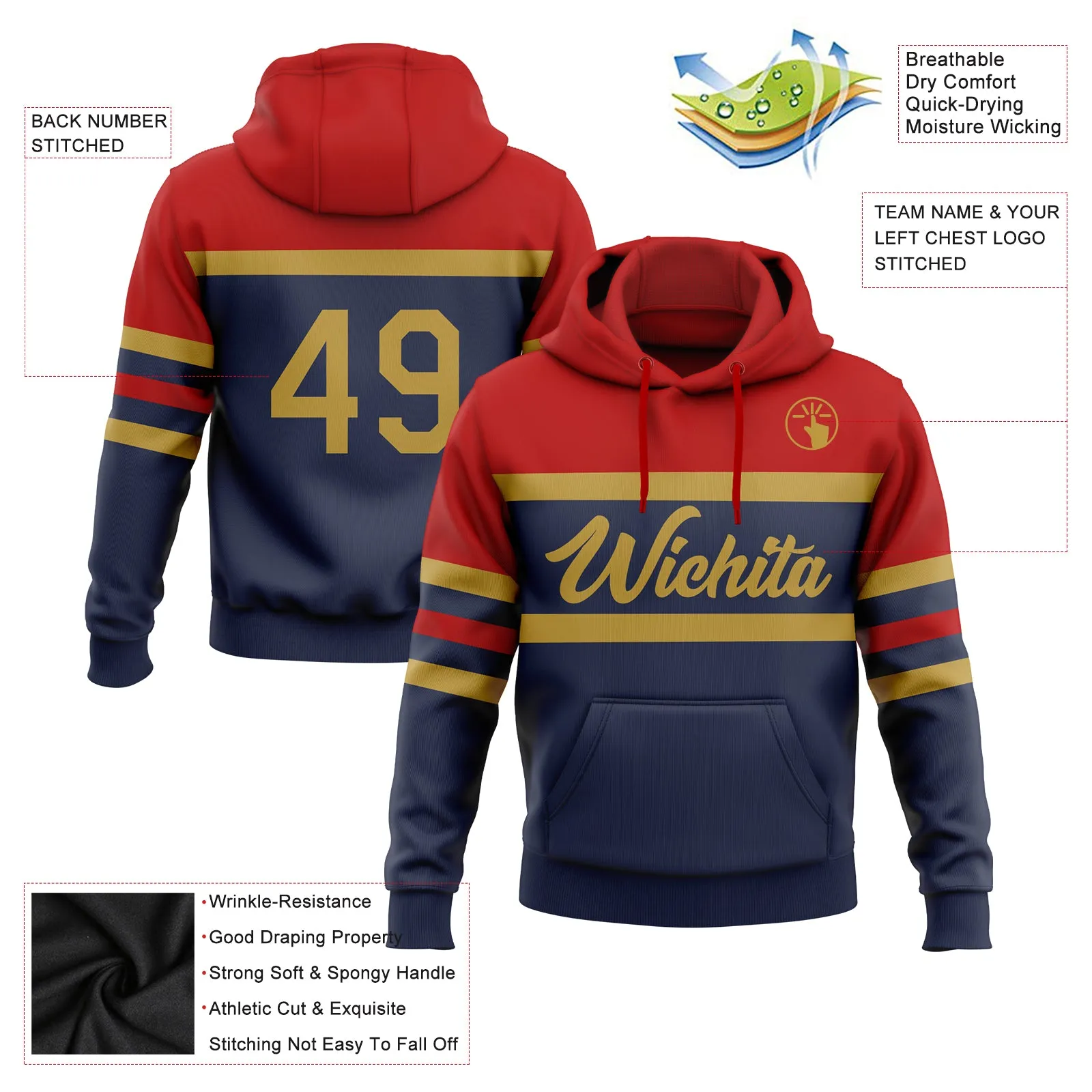 Custom Stitched Navy Old Gold-Red Line Sports Pullover Sweatshirt Hoodie