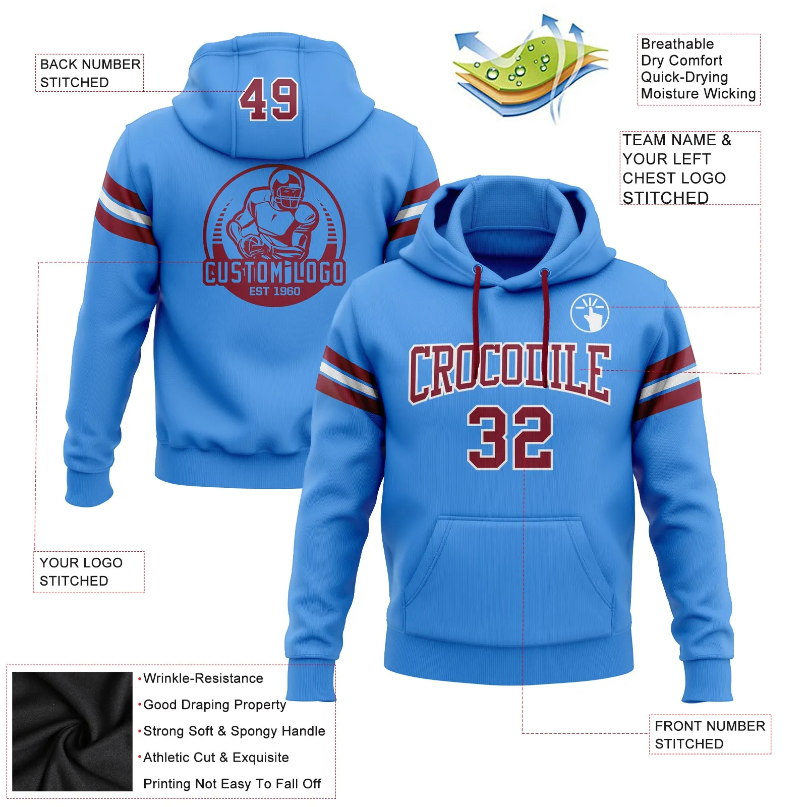 Custom Stitched Powder Blue Crimson-White Football Pullover Sweatshirt Hoodie