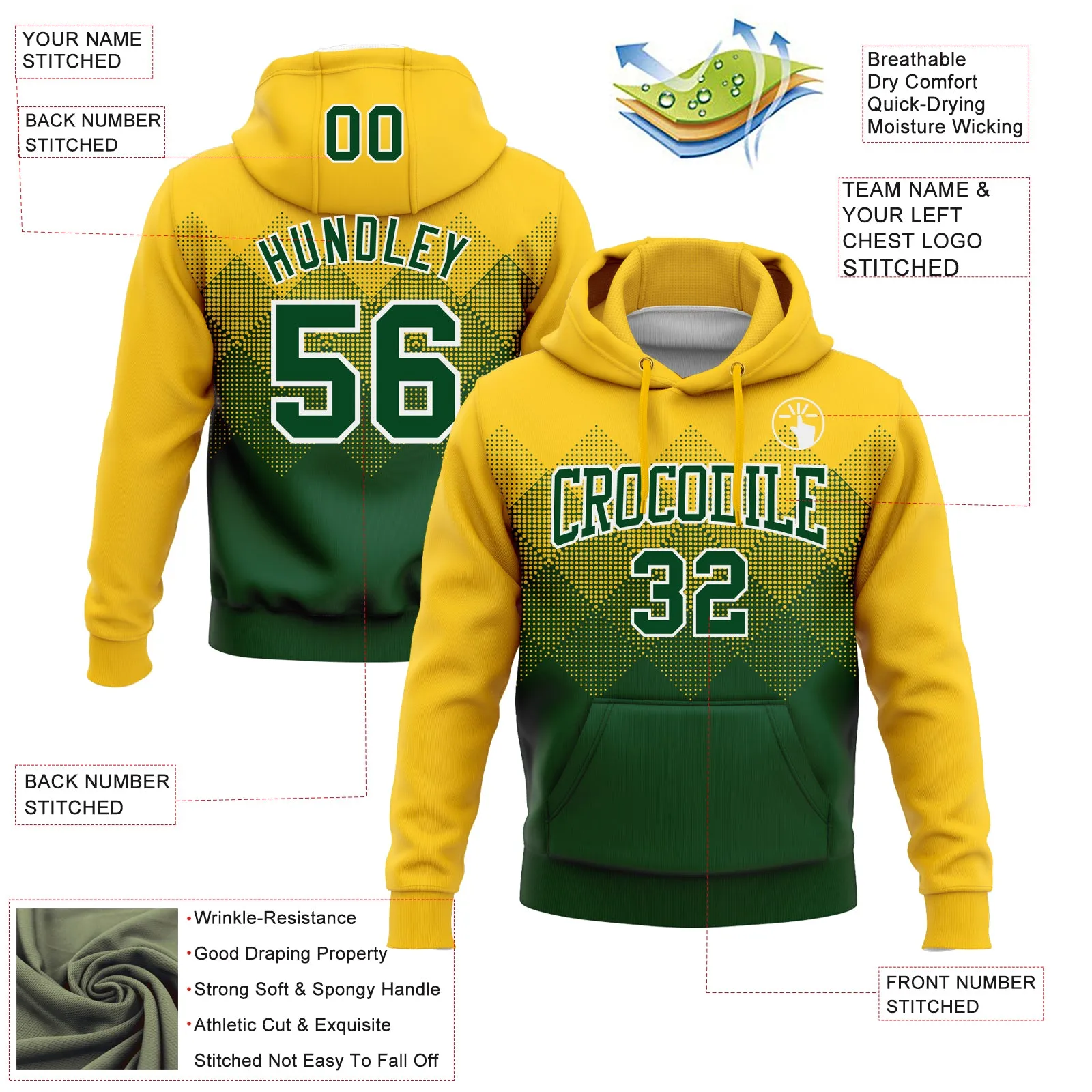 Custom Stitched Yellow Green-White 3D Pattern Design Gradient Square Shape Sports Pullover Sweatshirt Hoodie