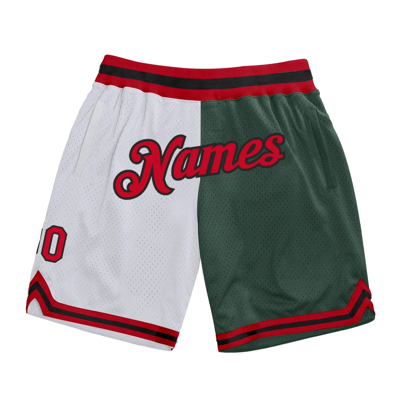 Custom White Red-Hunter Green Authentic Throwback Split Fashion Basketball Shorts