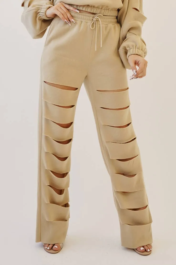 Cut out legs fleece straight pants