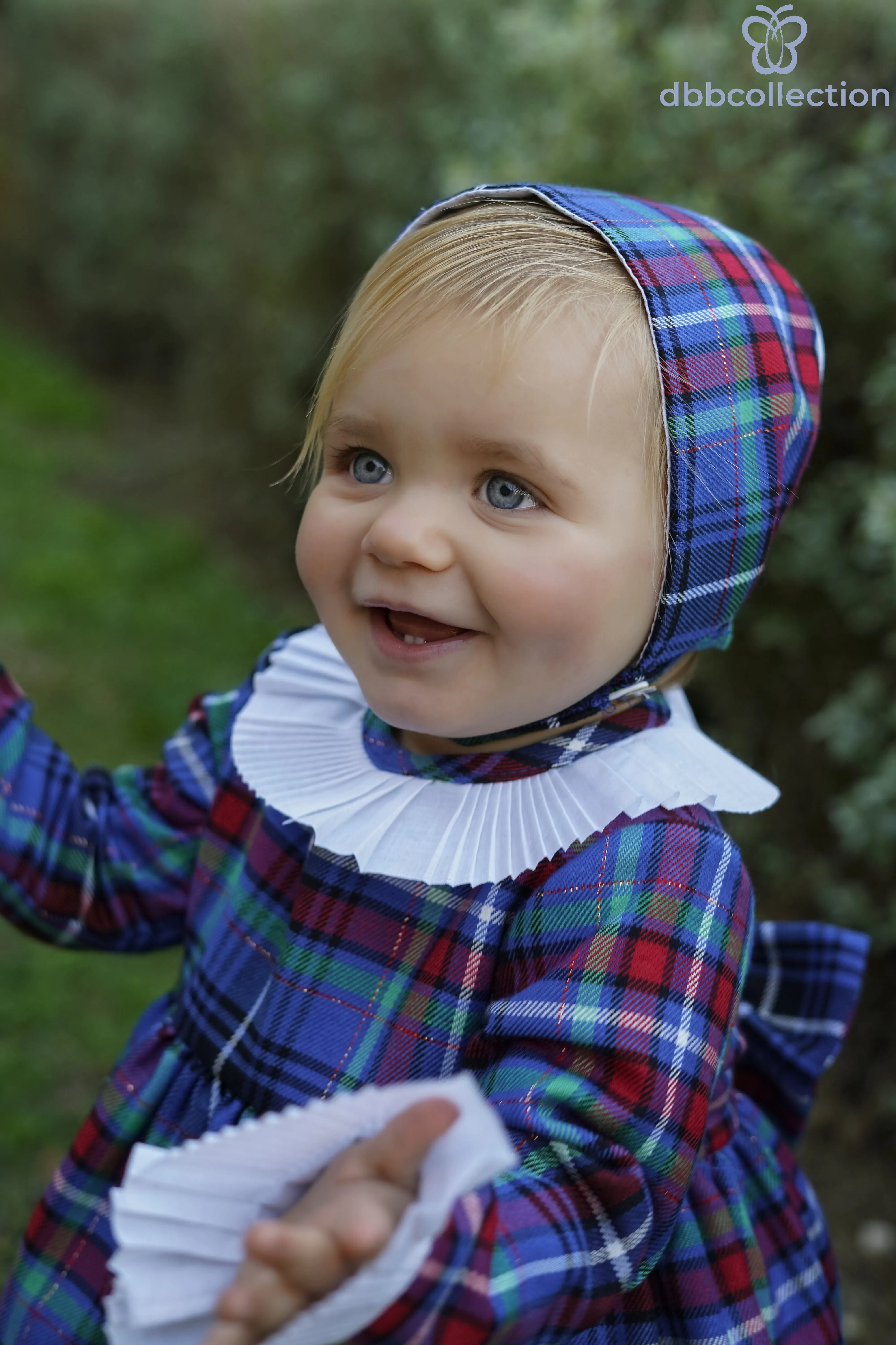 DBB Collection AW24 - Baby Girls Blue, Green & Red Tartan Print Dress, Knickers & Bonnet