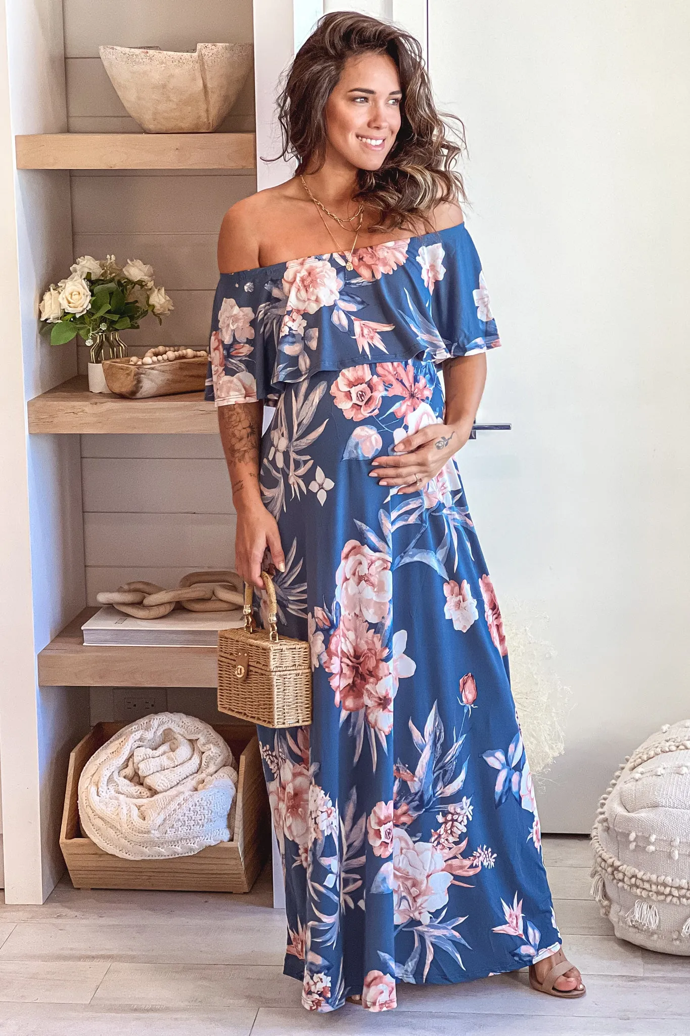 Denim Blue Floral Off Shoulder Maternity Maxi Dress