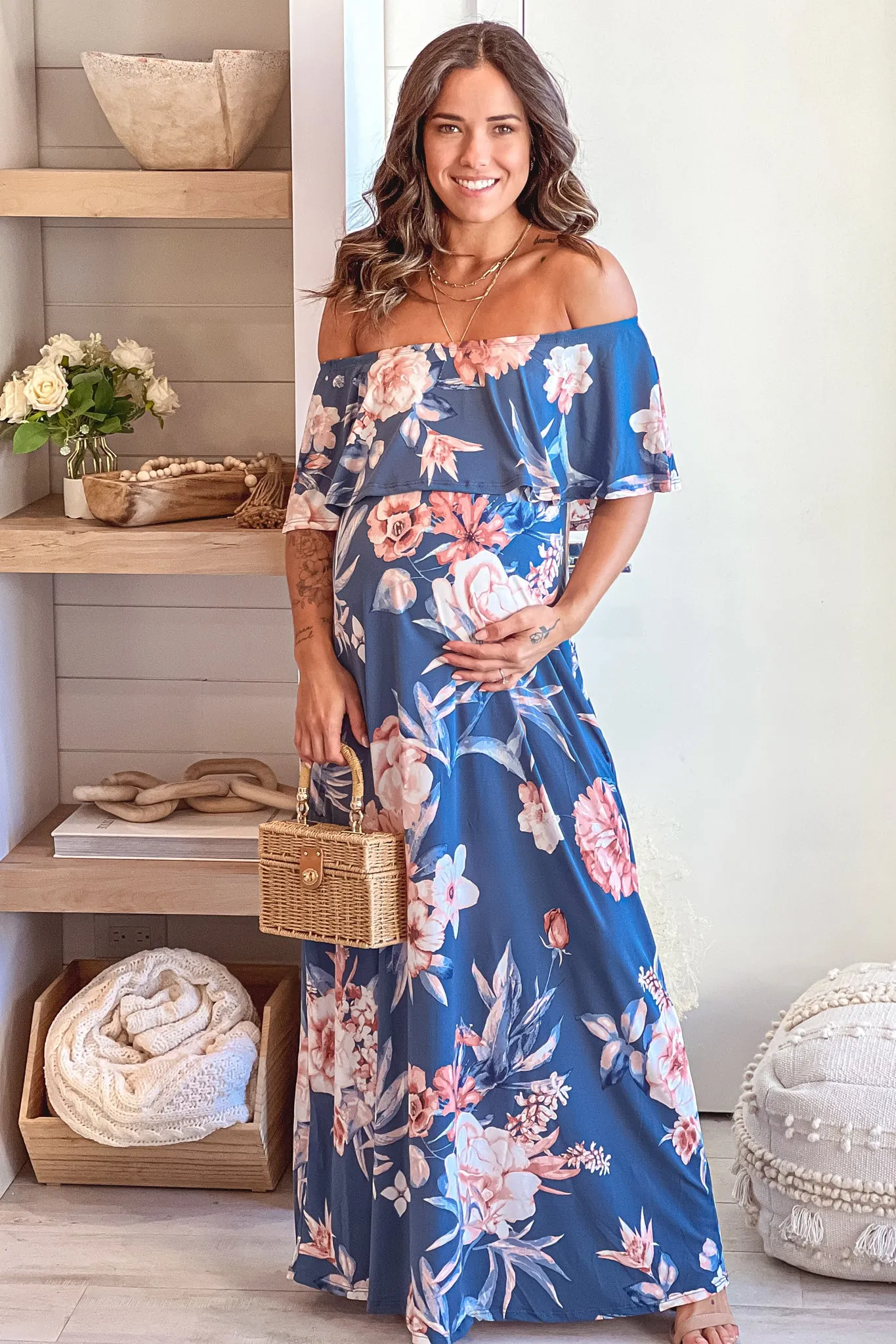 Denim Blue Floral Off Shoulder Maternity Maxi Dress