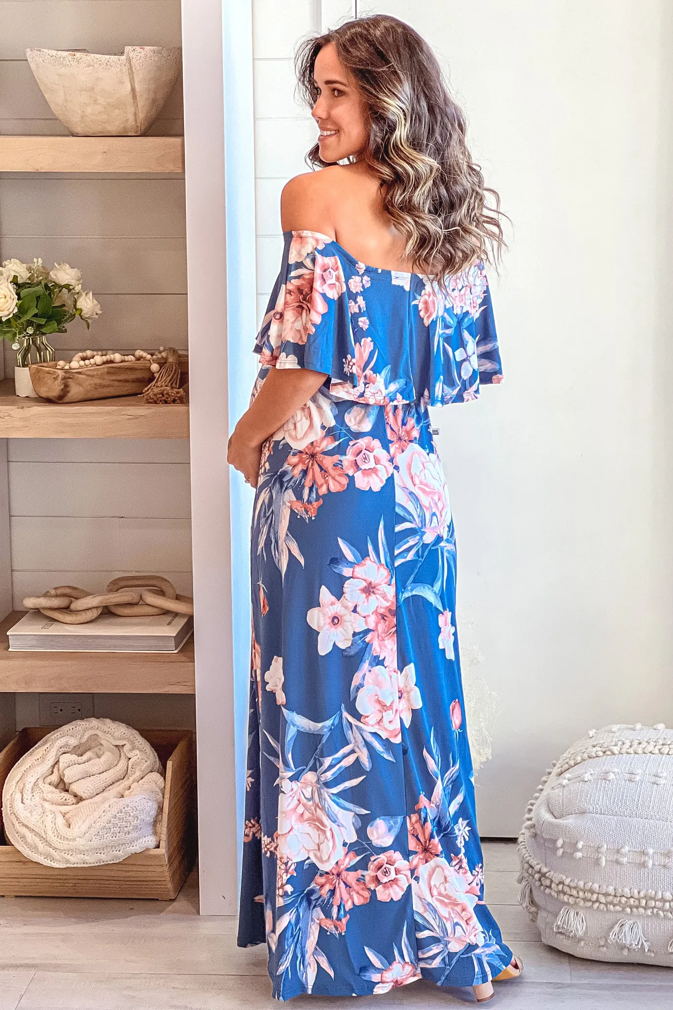 Denim Blue Floral Off Shoulder Maternity Maxi Dress