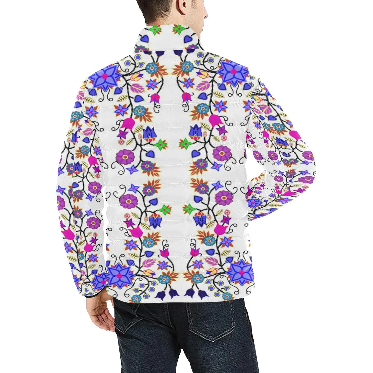 Floral Beadwork Seven Clans White Men's Stand Collar Padded Jacket