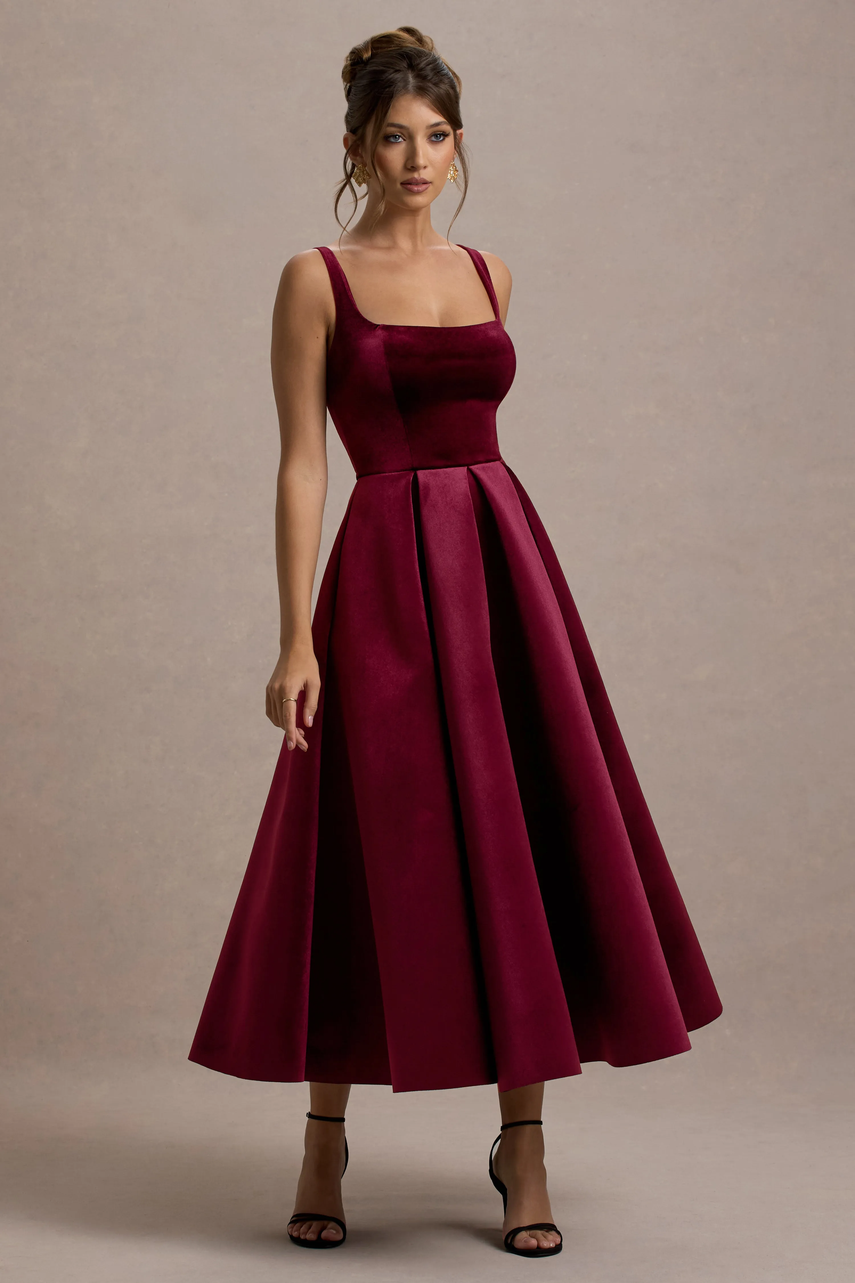 Francisca | Berry Velvet Strappy Volume-Hem Maxi Dress