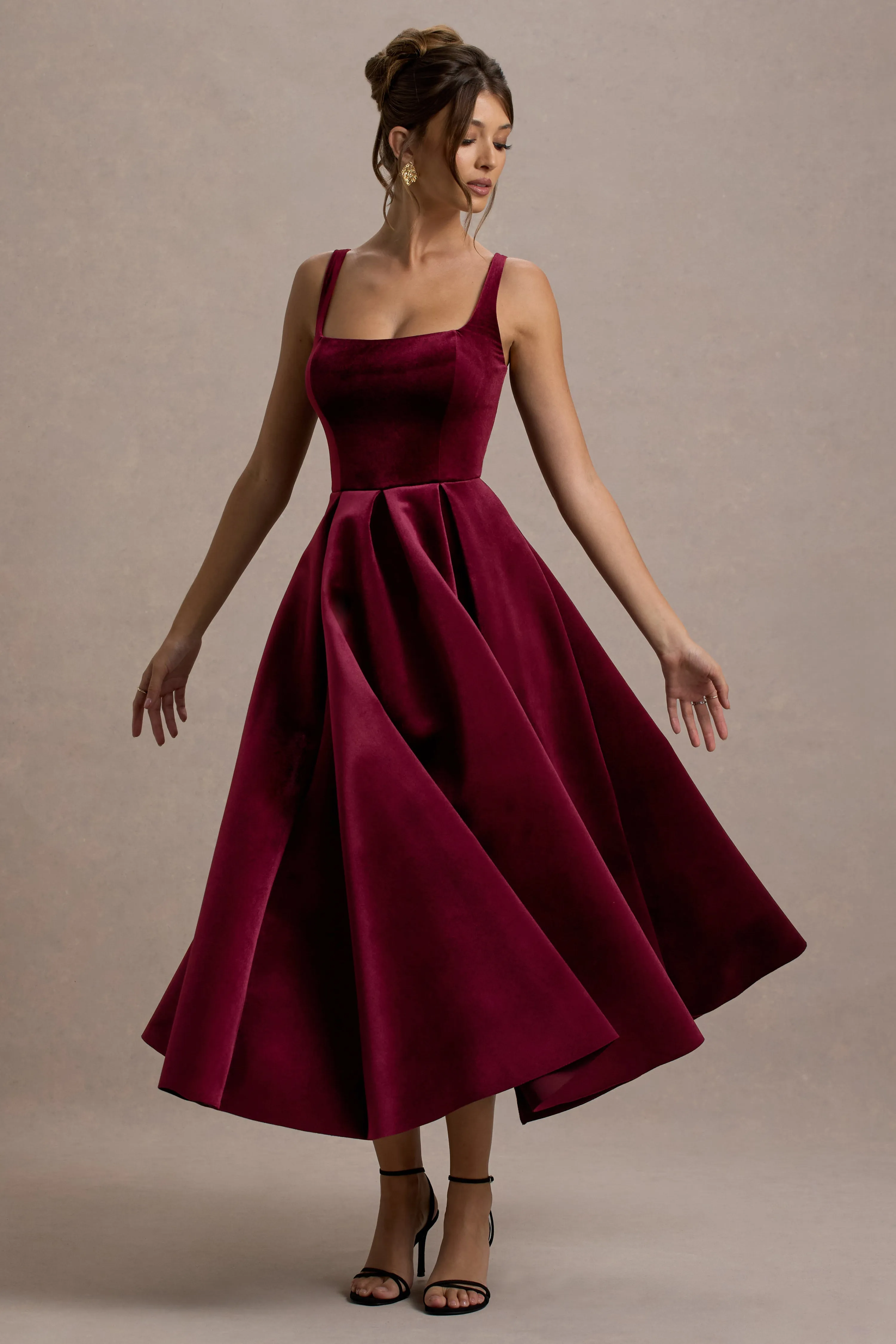 Francisca | Berry Velvet Strappy Volume-Hem Maxi Dress