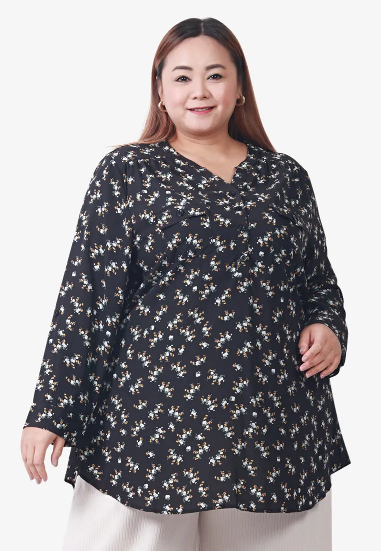 Fyoni Stand Collar Half Button Floral Blouse - Black