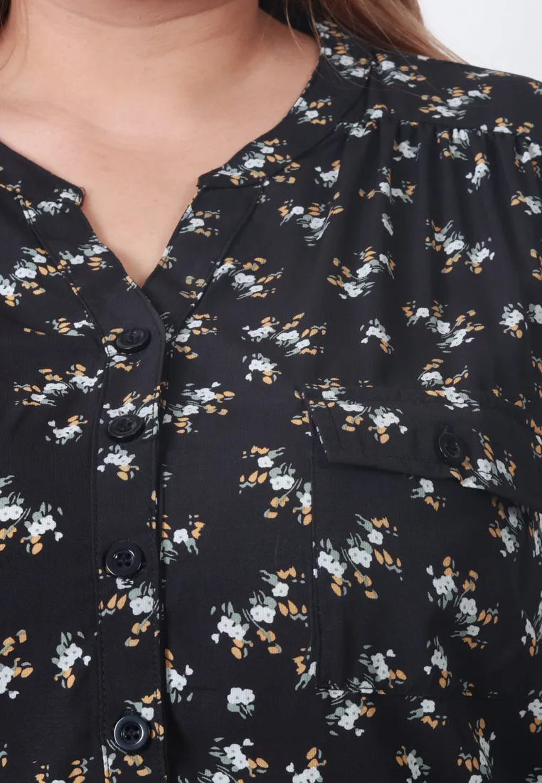 Fyoni Stand Collar Half Button Floral Blouse - Black