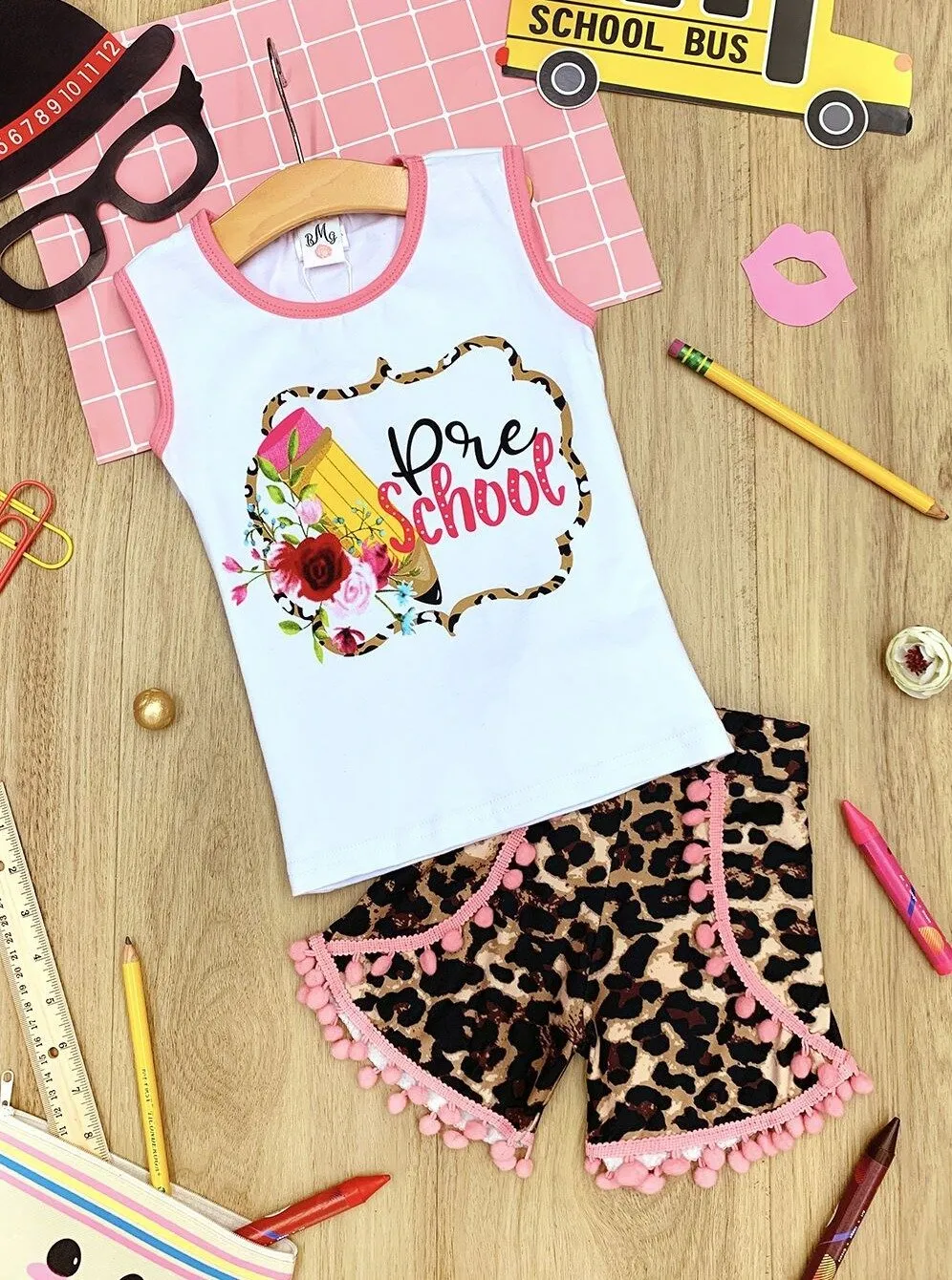 Girls 1st Day of School "Pre School" Printed Top & Animal Print Pom Pom Shorts Set