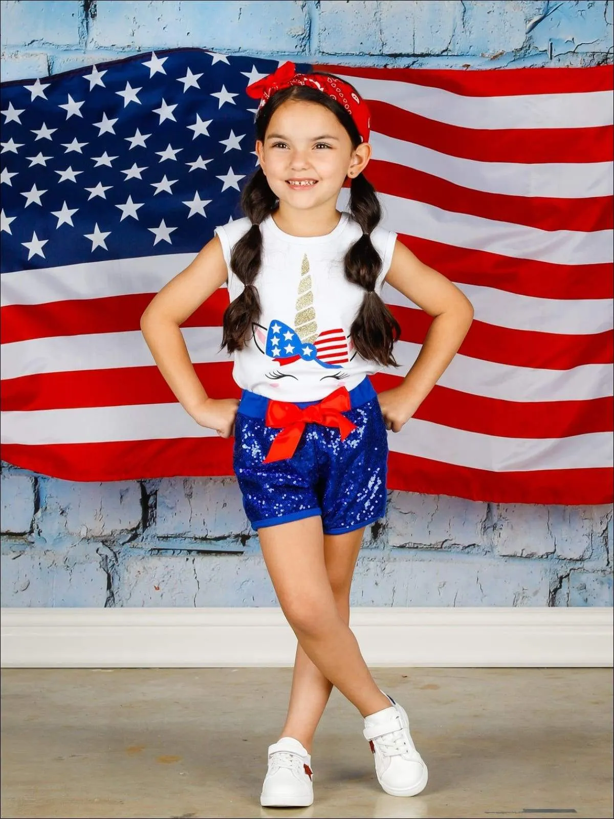 Girls 4th of July Themed Printed Top & Sequin Bow Shorts Set